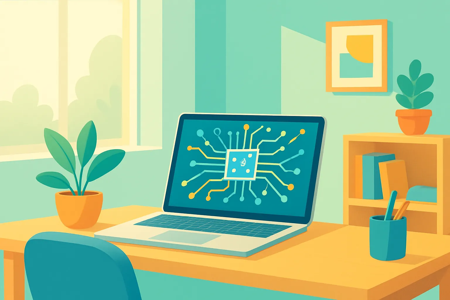 Consultant workspace with laptop showing abstract AI visuals