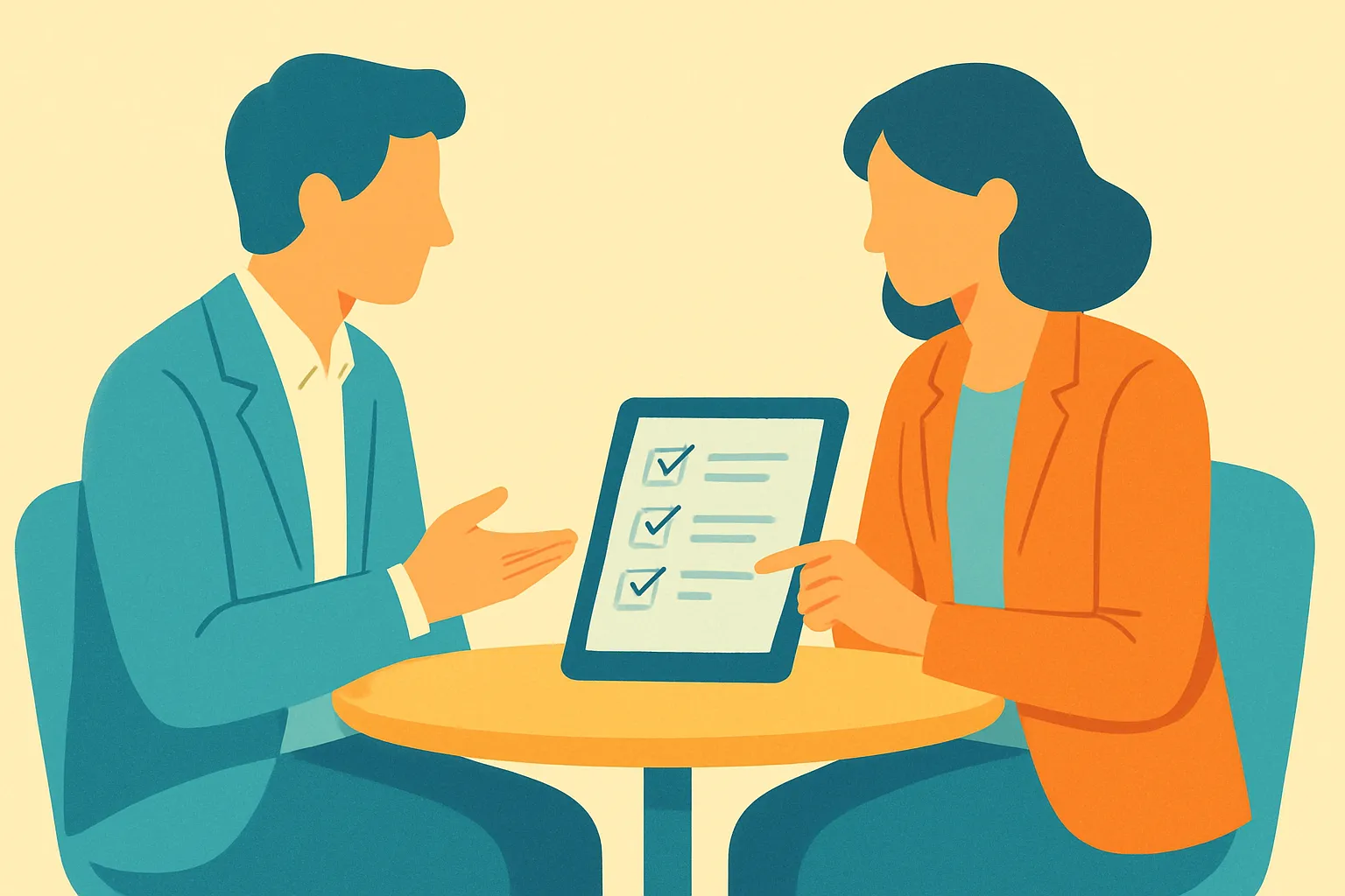 Consultant asking agent questions over tablet checklist