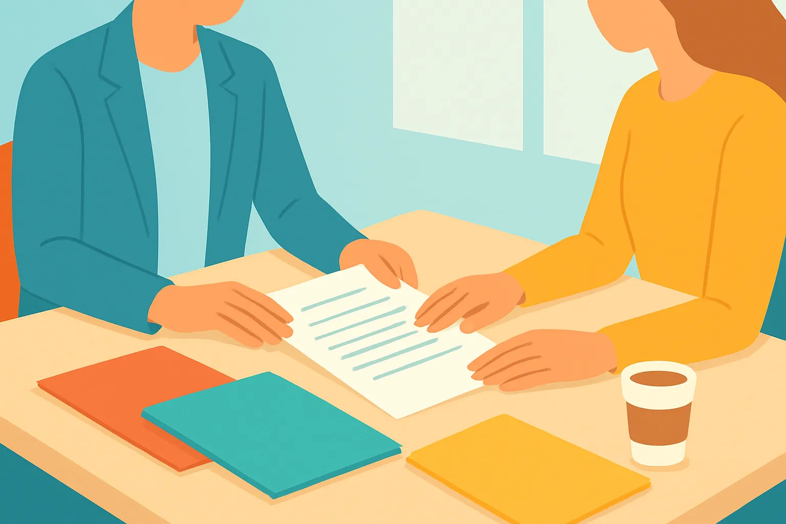 Consultant reviewing contract with client at a table