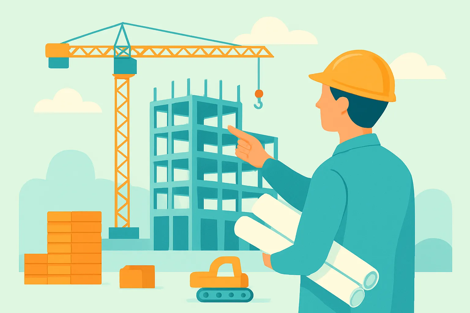 Architect with plans at an Ohio construction site, distant view.