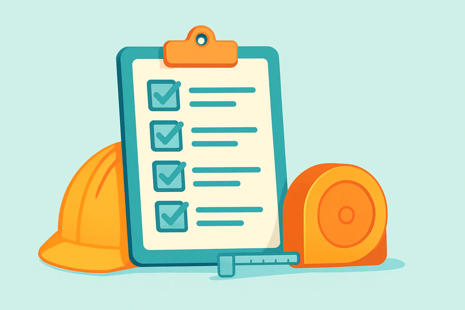 Checklist on clipboard with hard hat and tape measure.