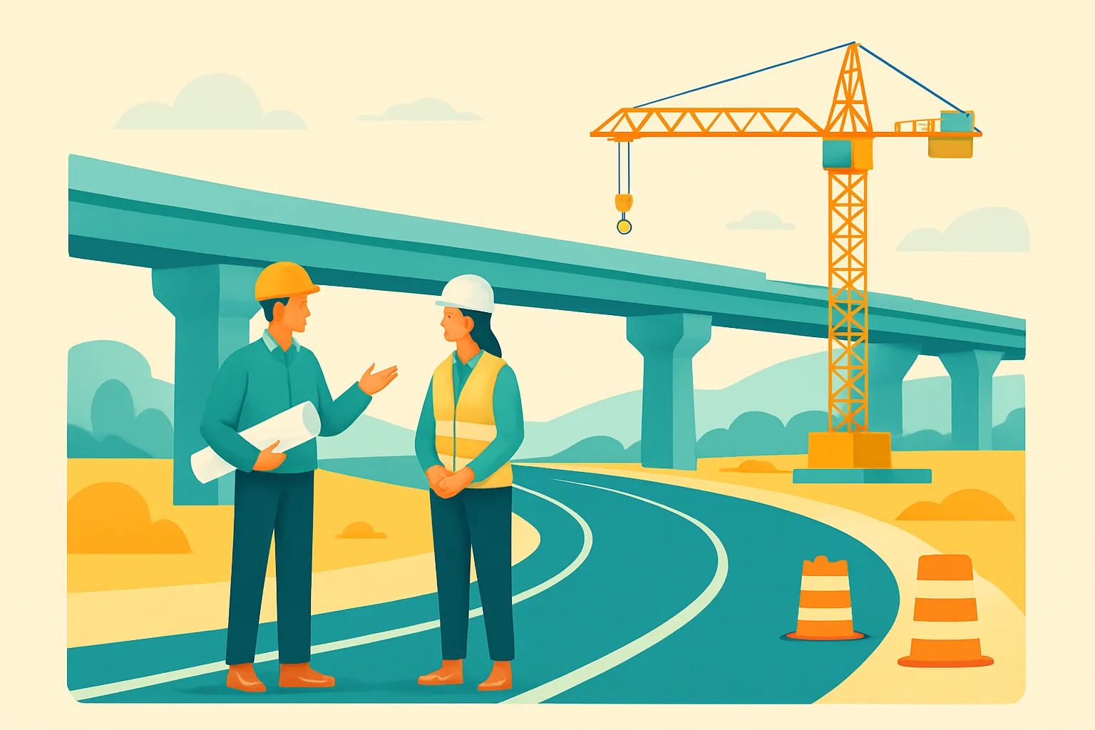 Engineer and inspector talking near a public works roadway project.