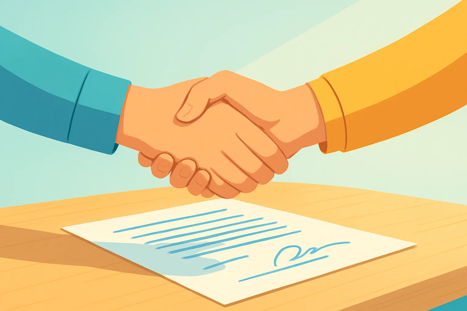 Handshake over a signed contract on a table