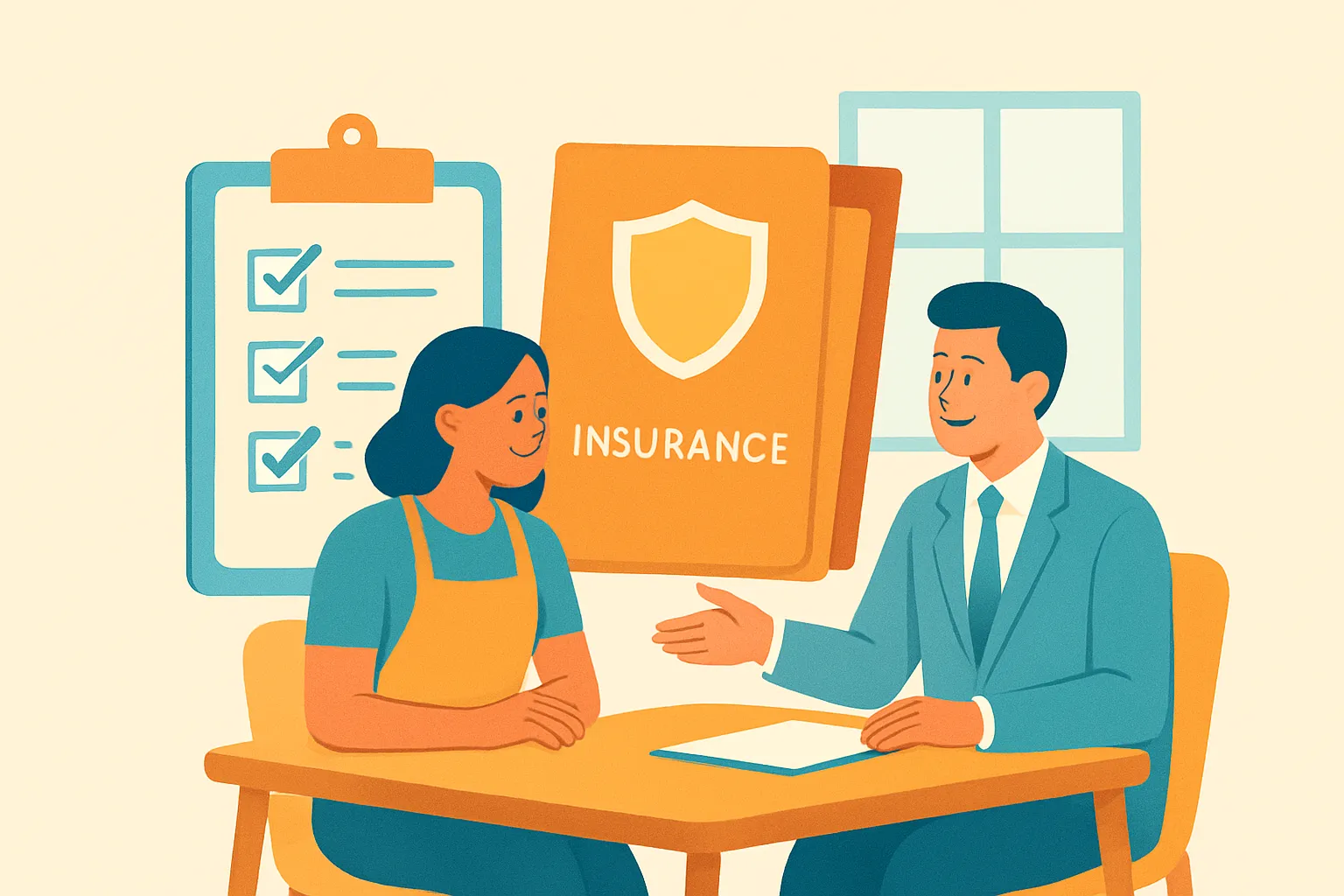Small business owner reviewing insurance checklist with agent