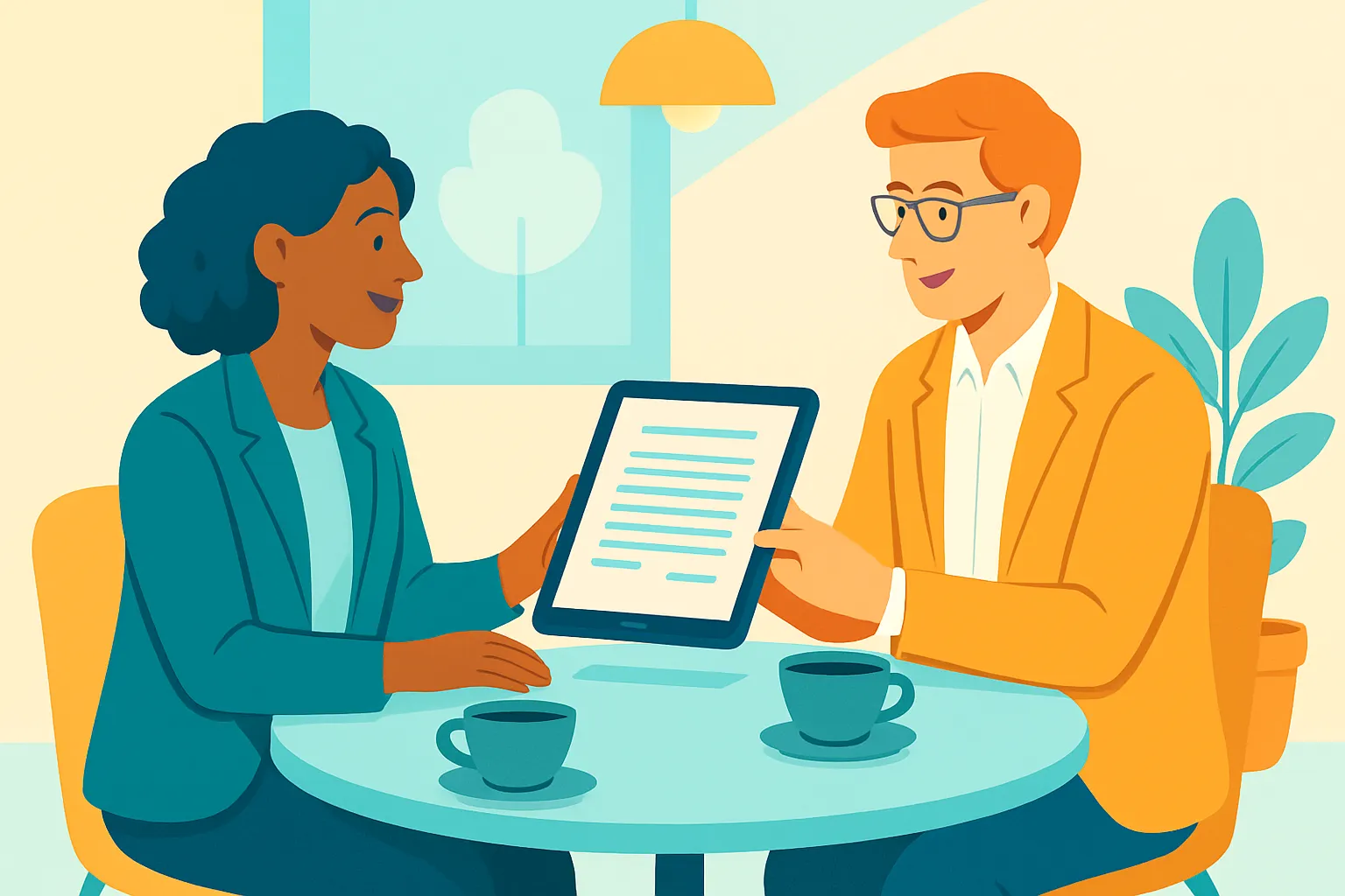 Consultant and client reviewing contract at a cafe