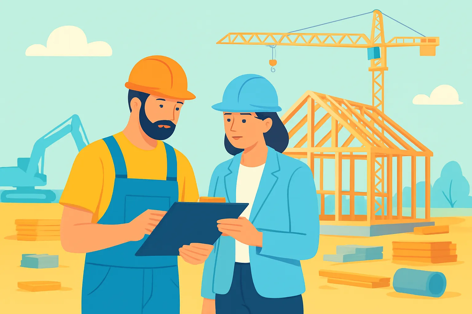Contractor and manager reviewing plans at a construction site