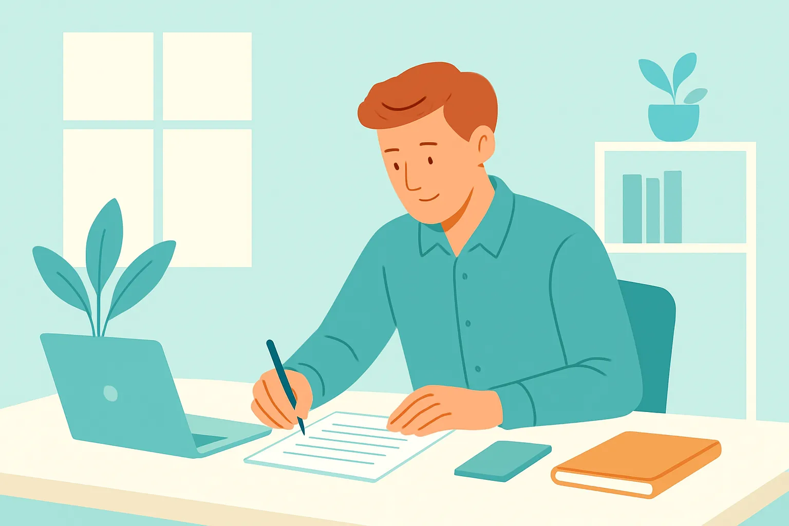 Small-business owner completing coverage paperwork at desk