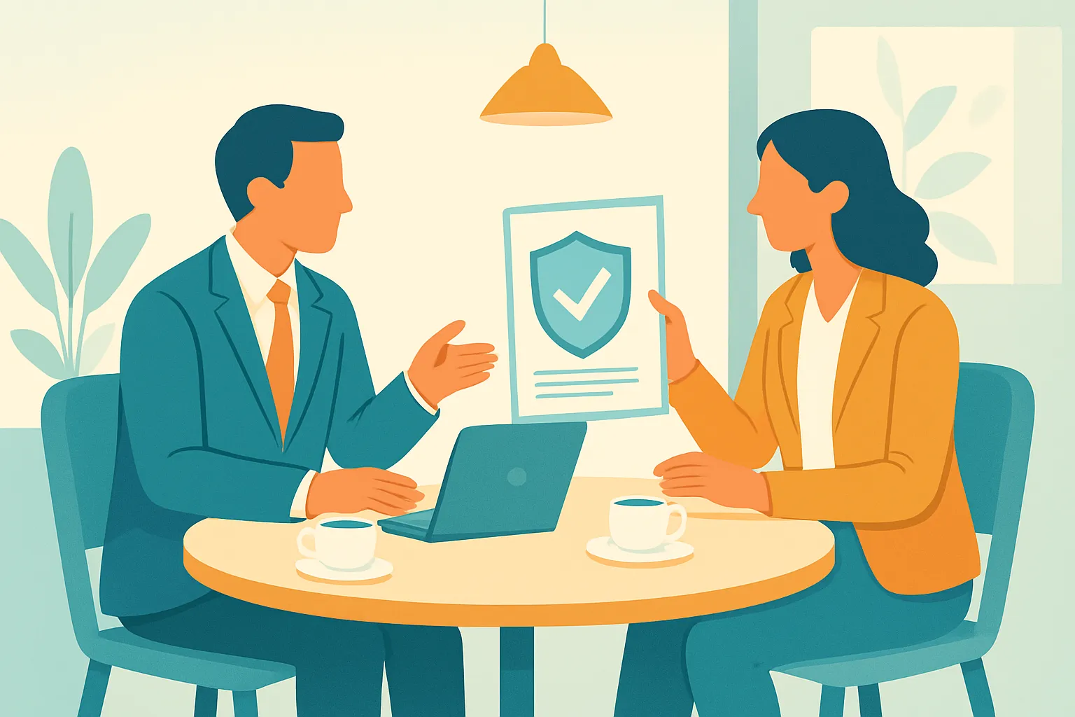 Corporate officer and consultant discussing insurance documents
