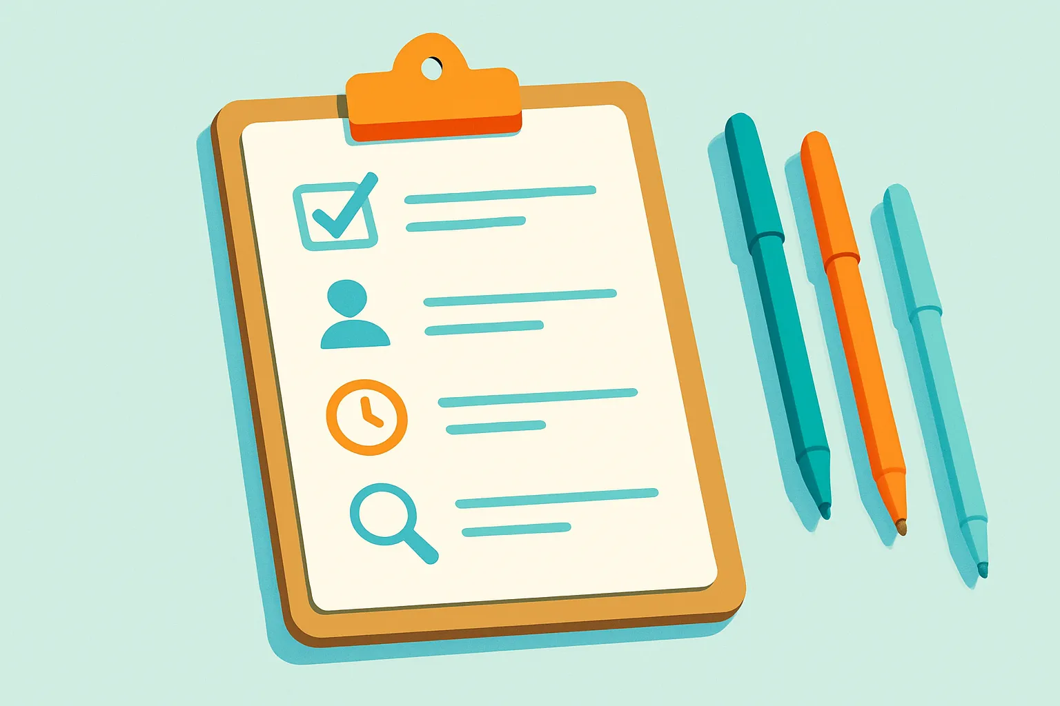 Clipboard checklist and colorful pens on a desk