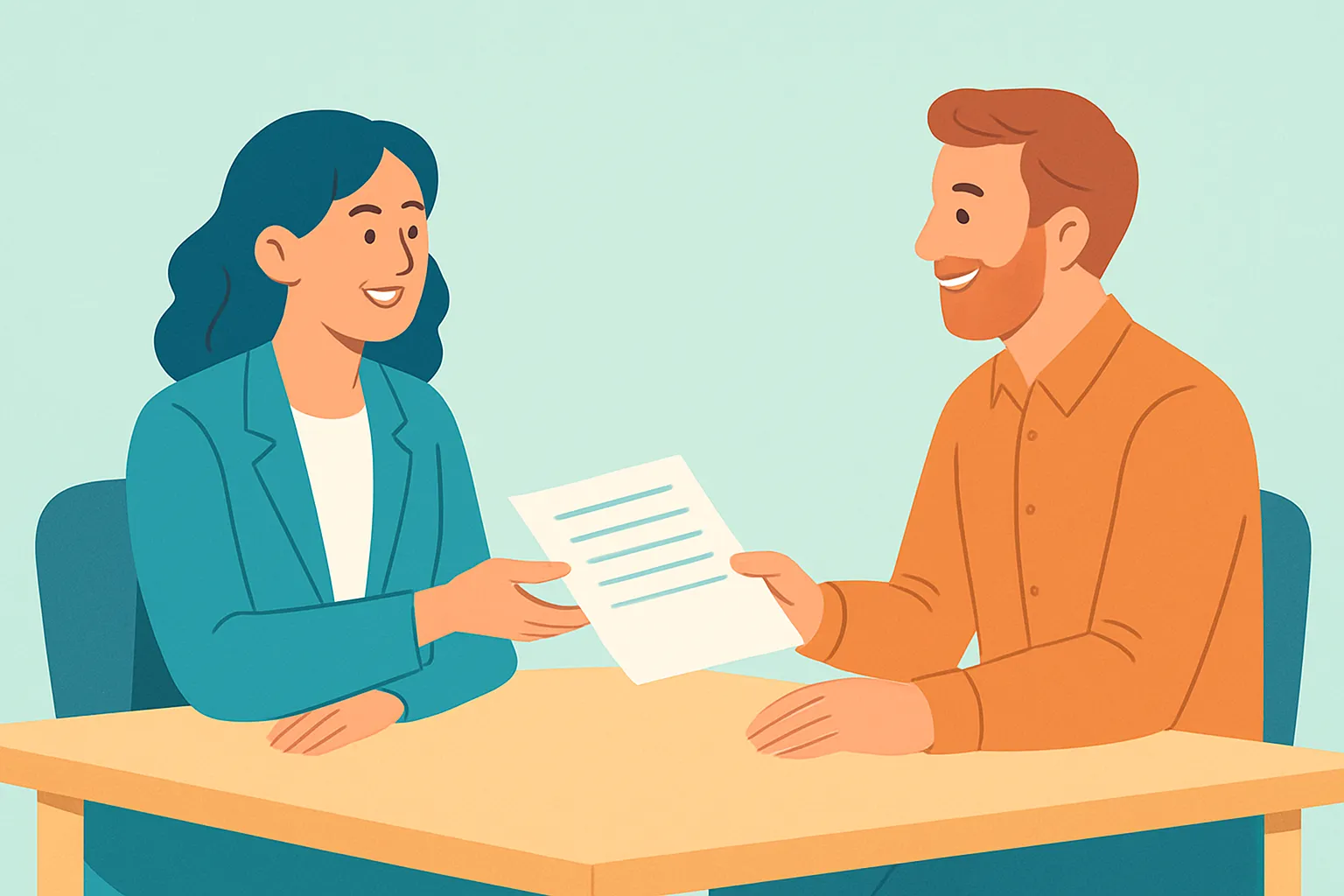 Insurance agent handing form to business owner