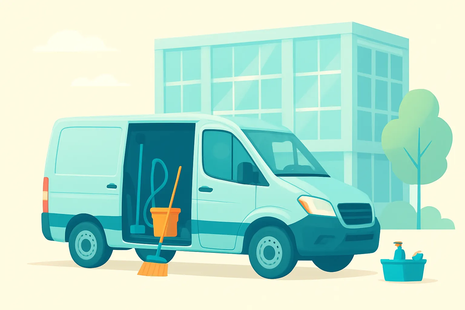 Cleaning van and equipment parked outside an office building