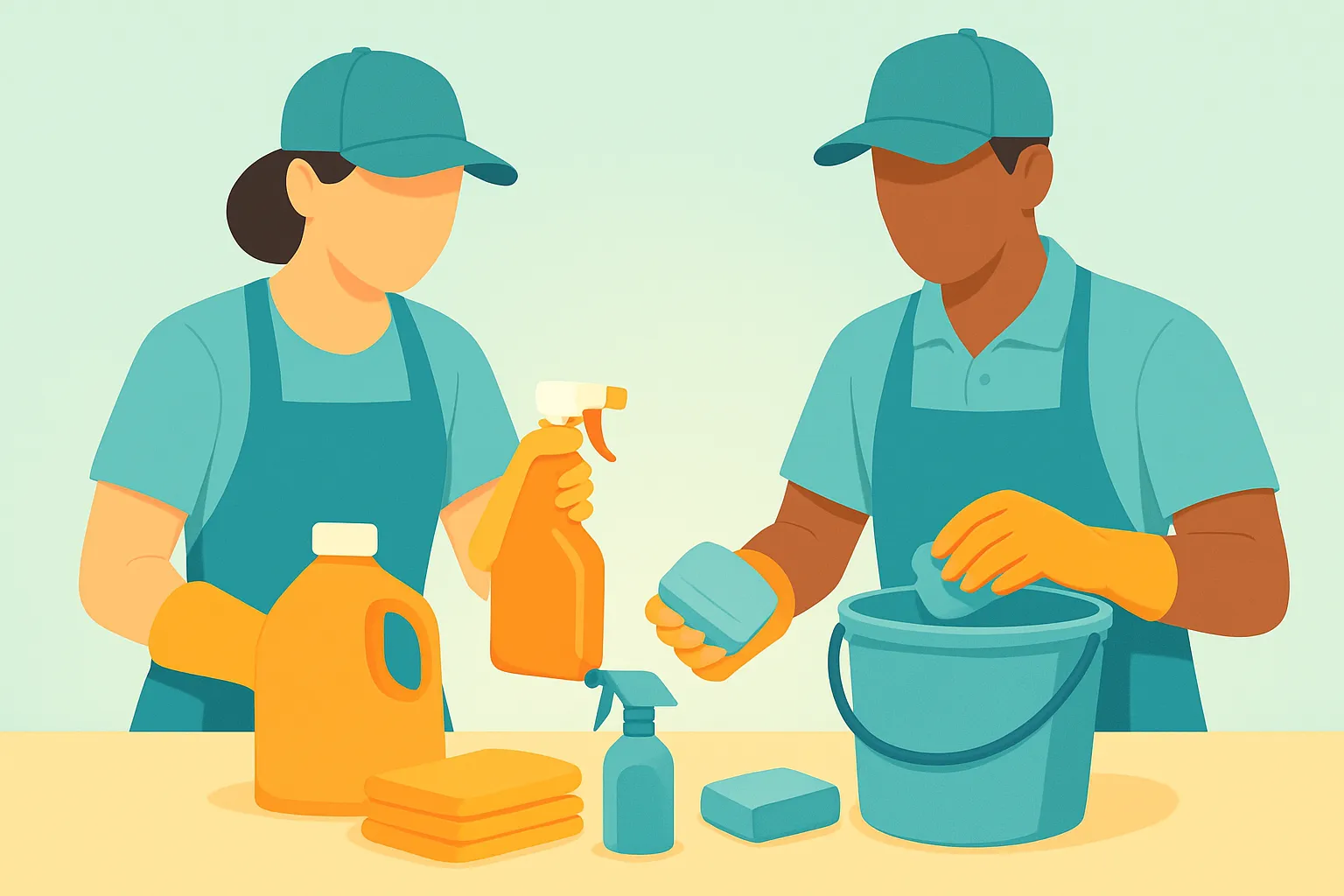 Two cleaners arranging supplies on a table