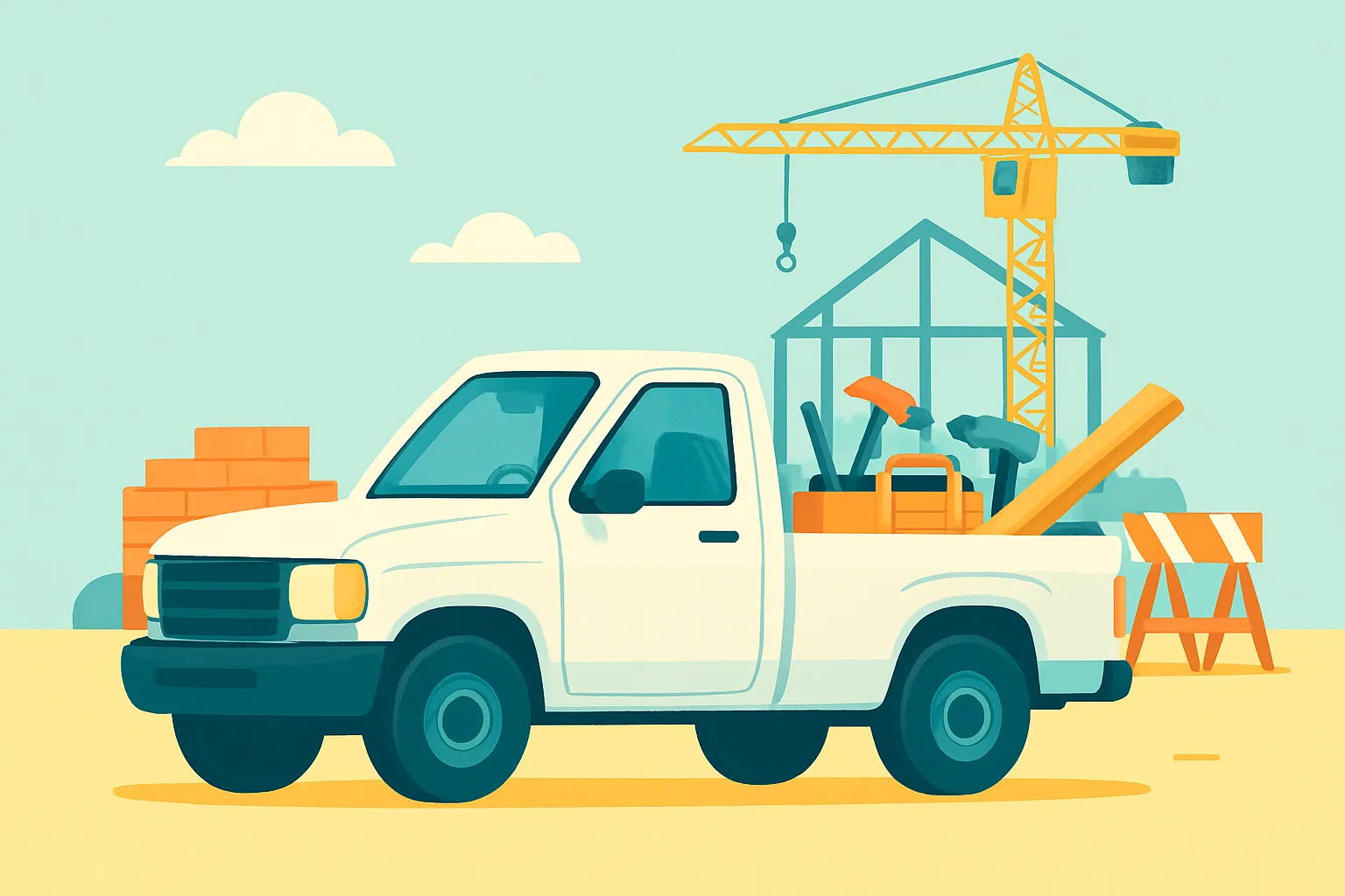 Contractor pickup truck parked at small job site with tools in bed