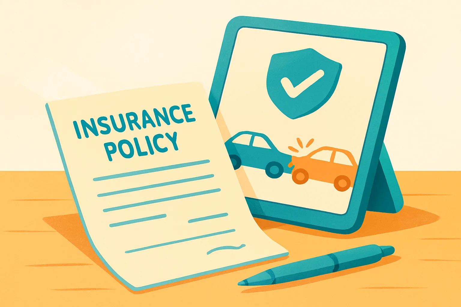 Paper insurance policy and tablet with coverage icons on desk
