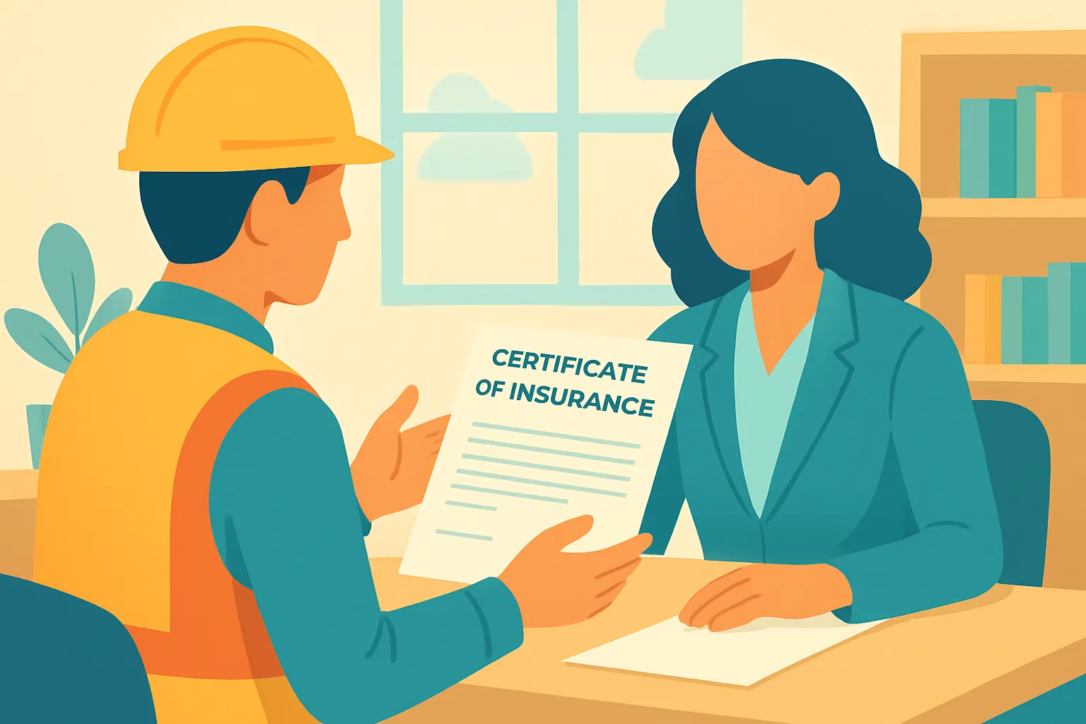 Contractor and agent reviewing certificate of insurance on desk