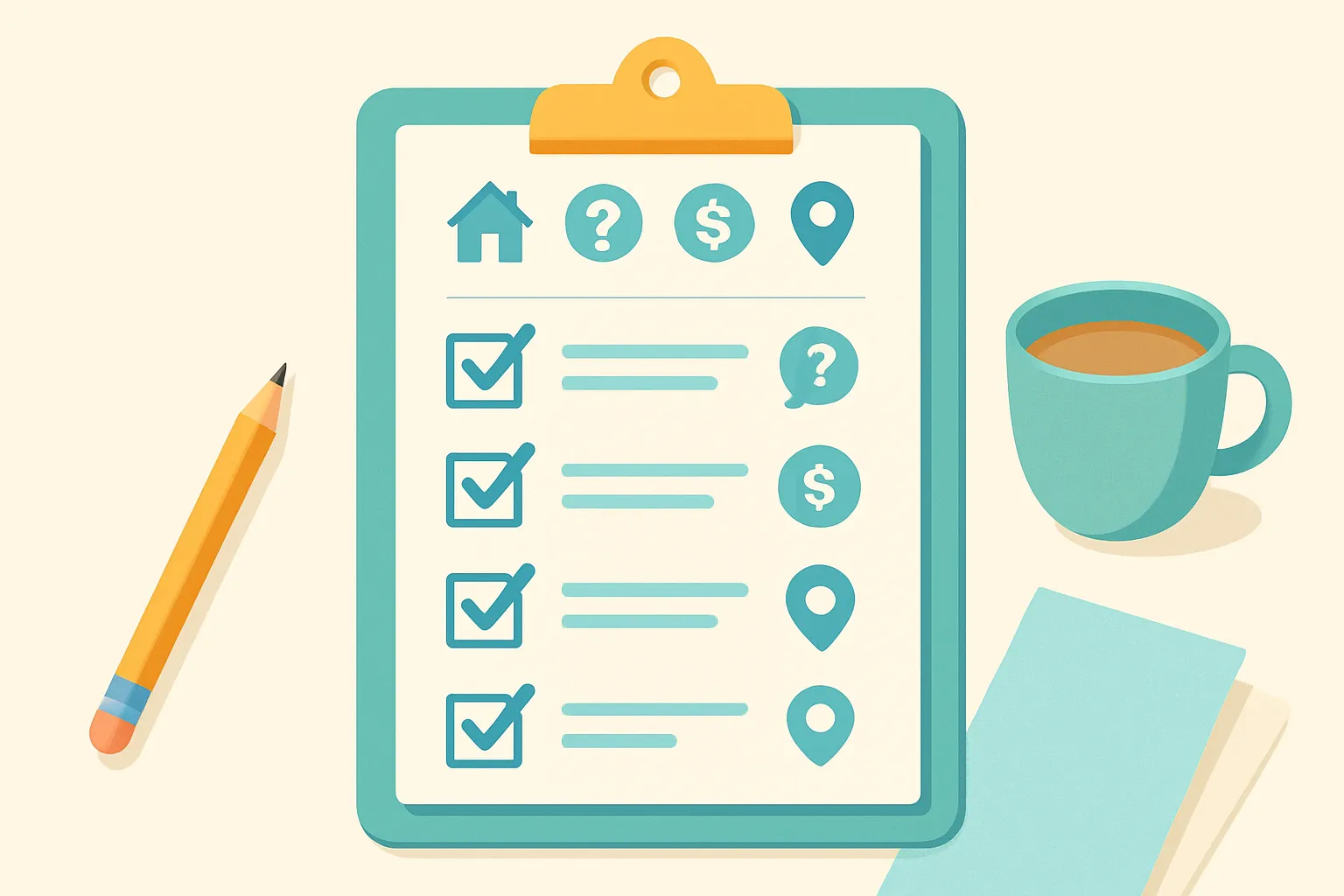 Clipboard checklist with icons and pen on a light-blue desk