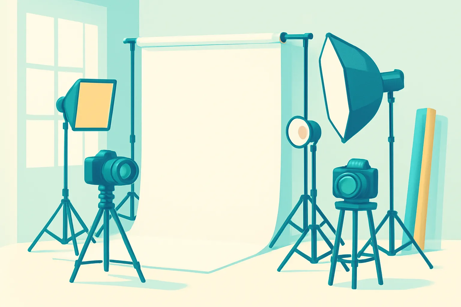 Interior of a bright photography studio with cameras and lighting equipment