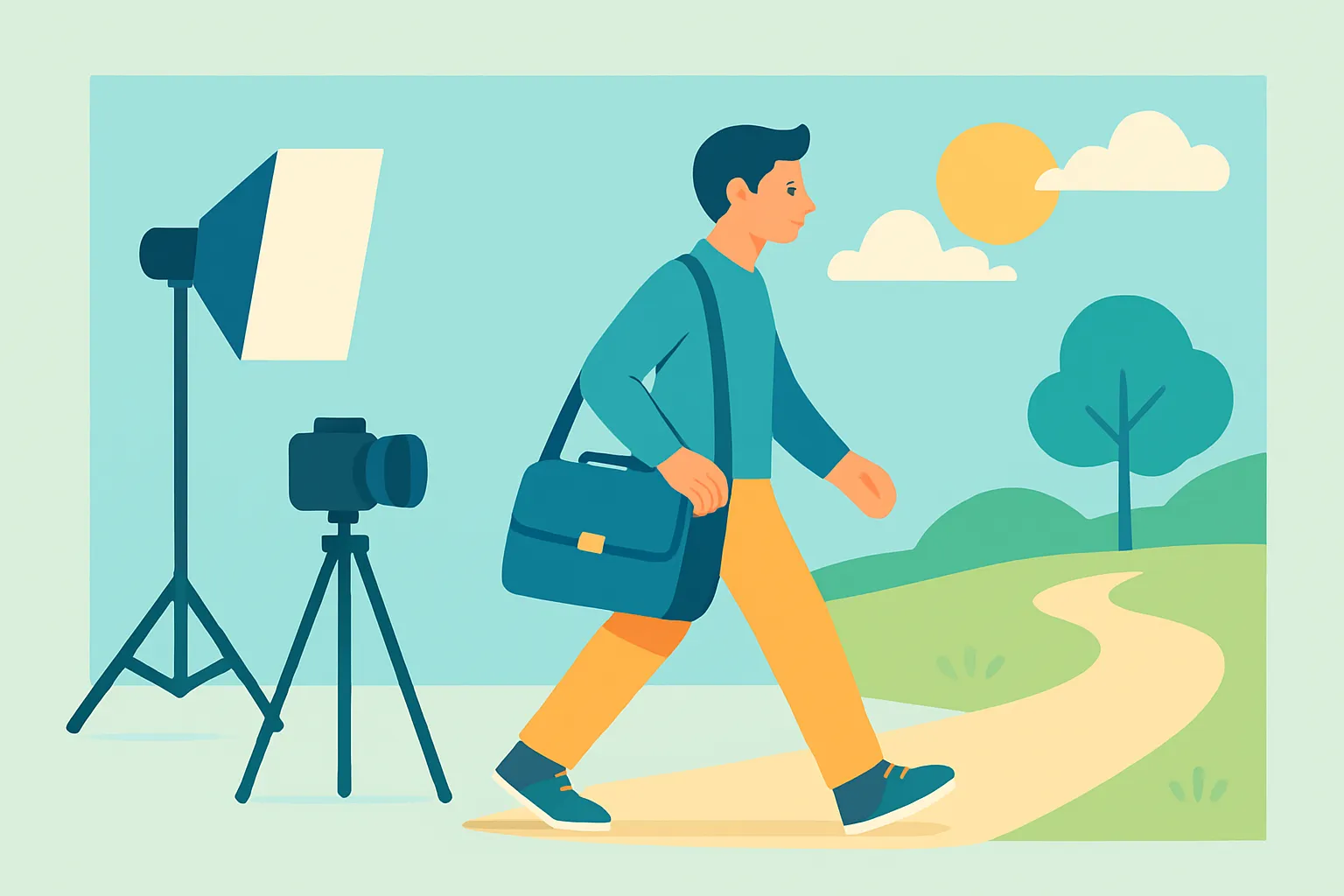 Photographer carrying camera bag between studio and location shoot
