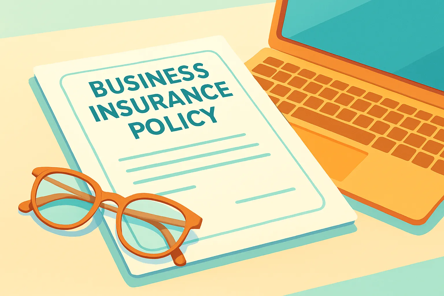 Insurance policy document on desk with laptop and glasses
