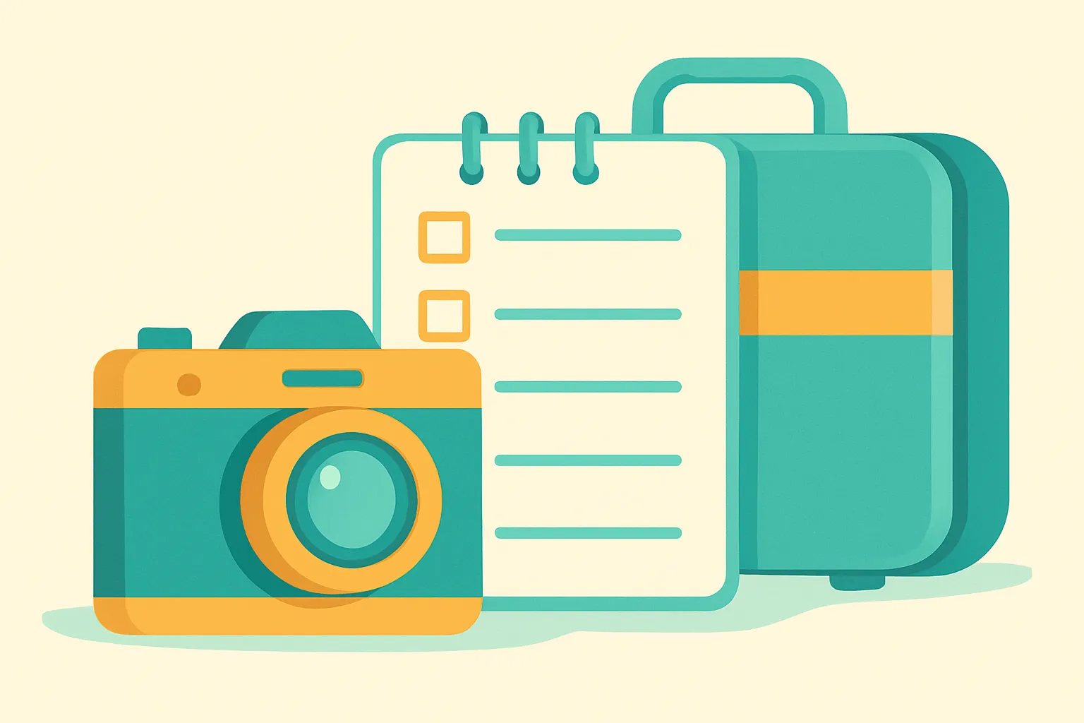Notepad checklist beside camera and hard case