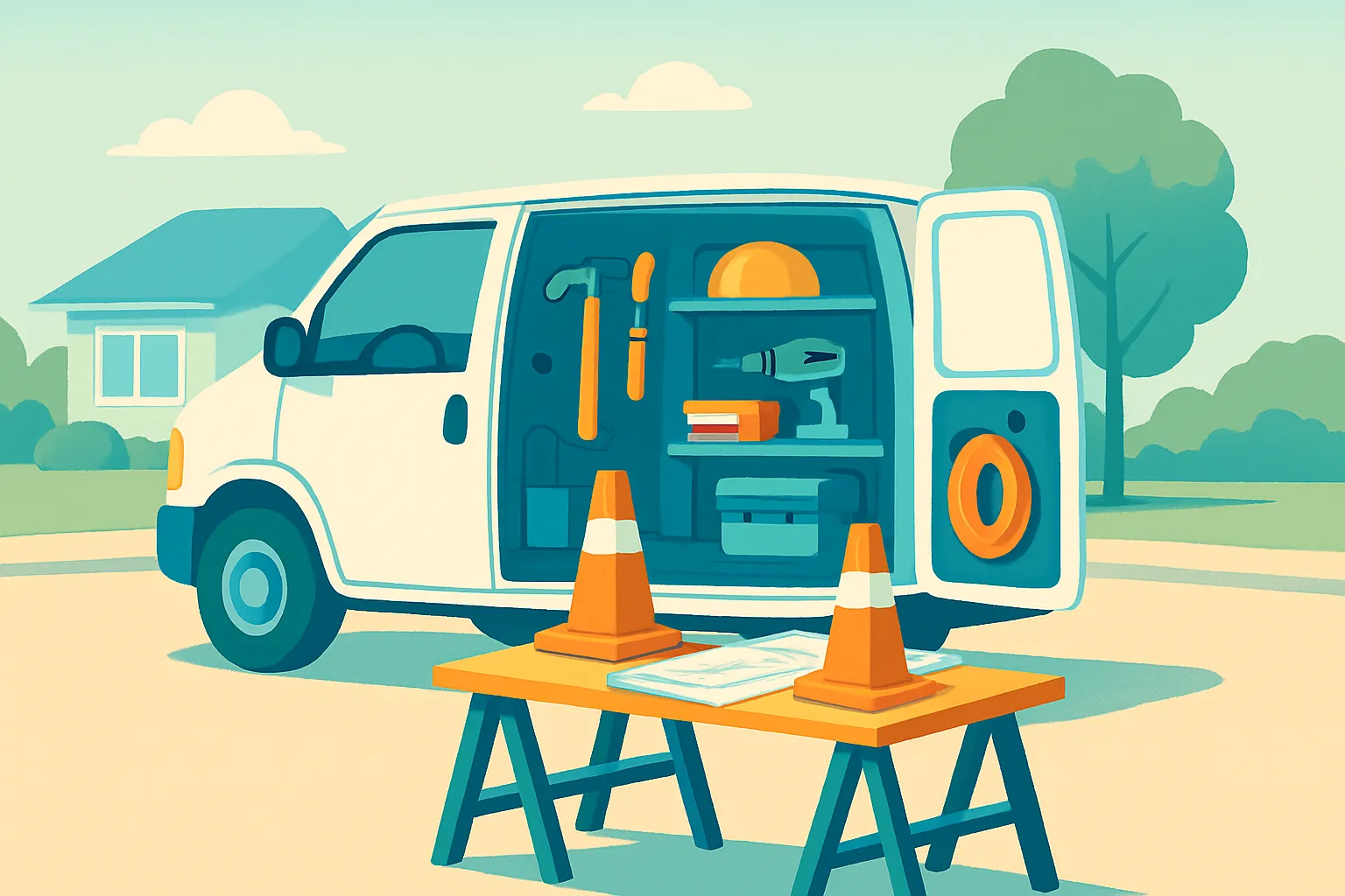 Contractor van at a jobsite with tools and plans.