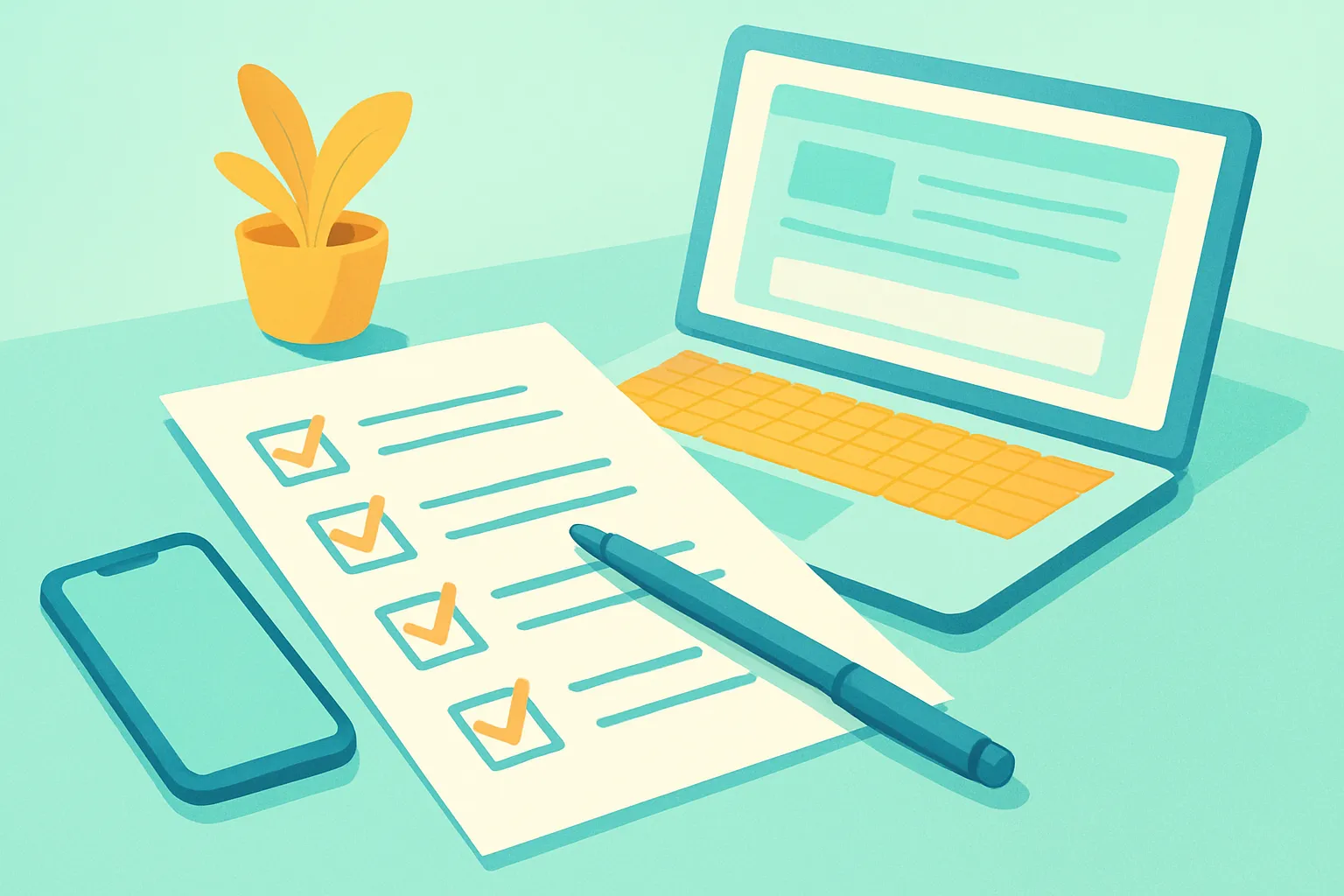 Checklist, phone, and laptop showing insurance questions.