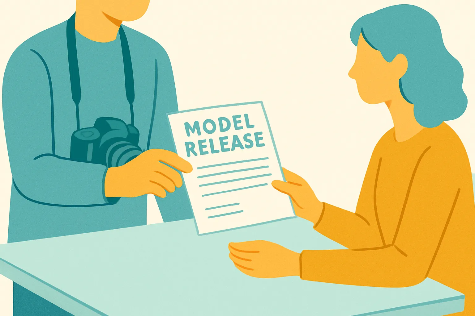 Client signing a model-release form at a desk