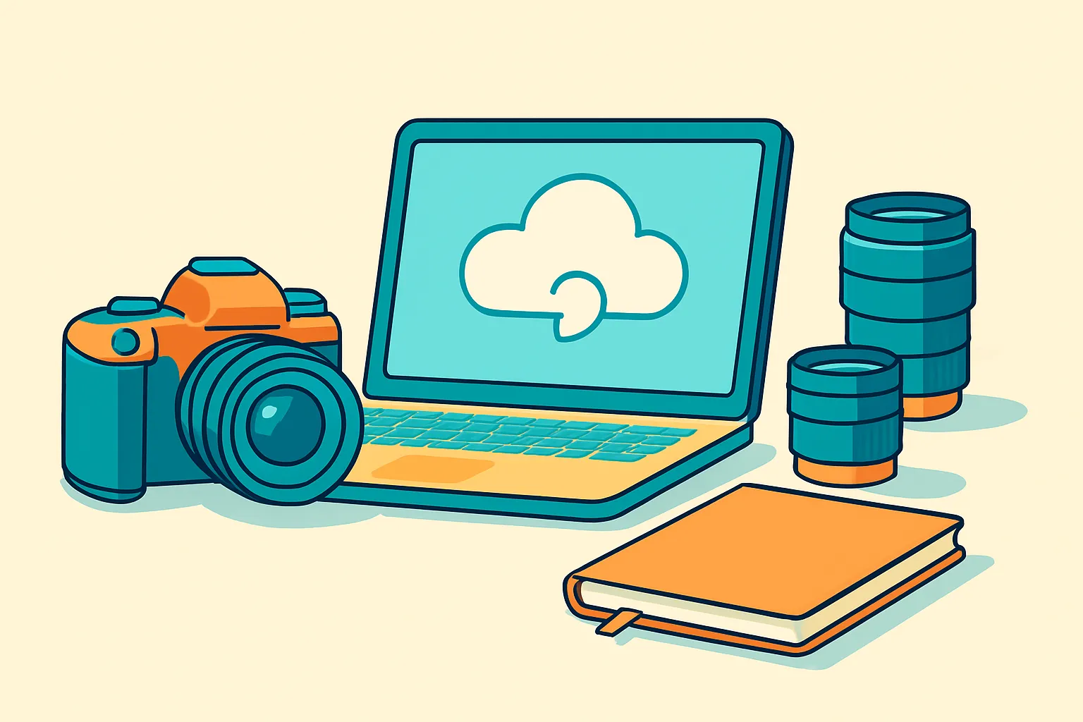 Camera gear and laptop syncing photos to cloud