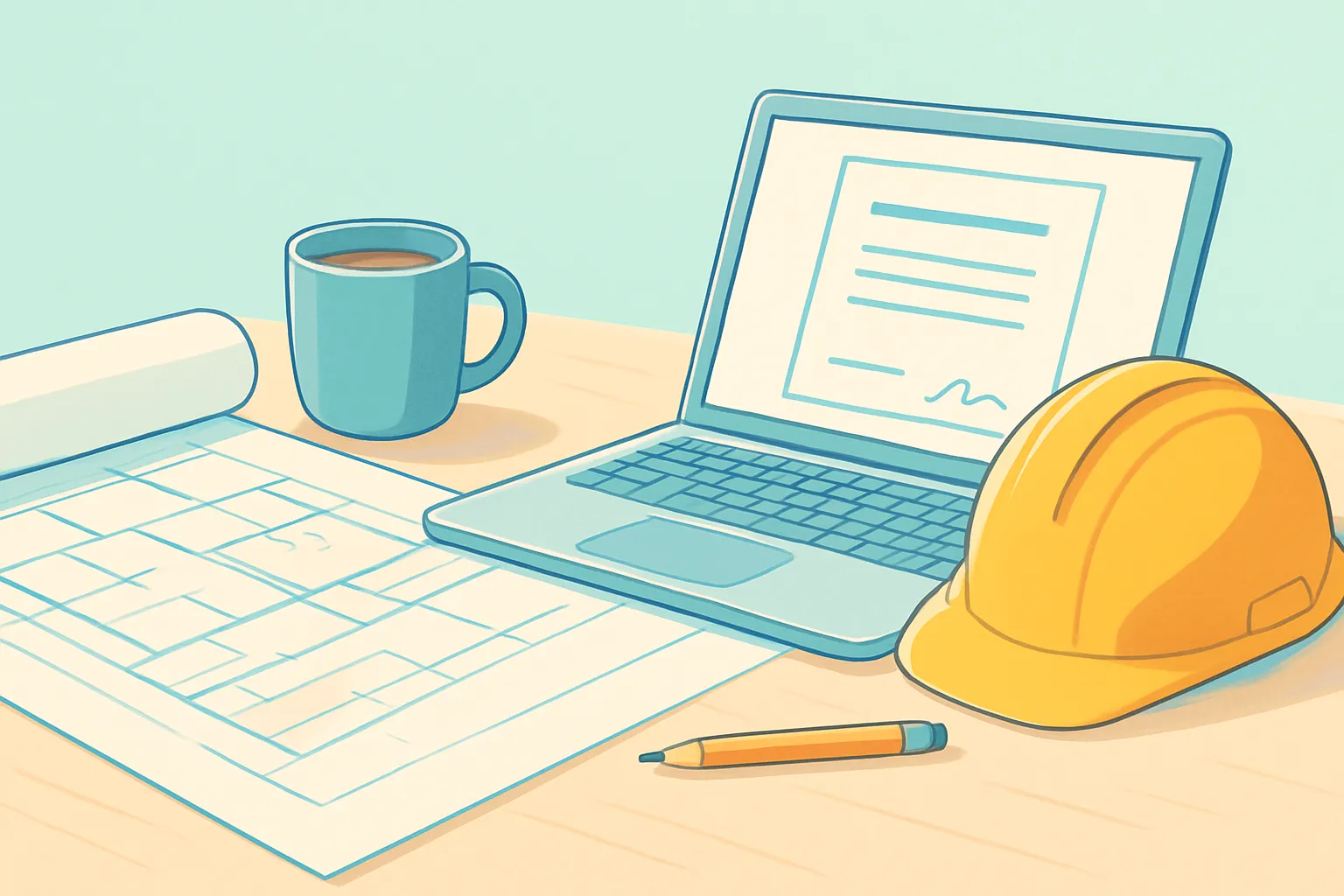 Architect desk with blueprints, laptop and hard hat on teal background