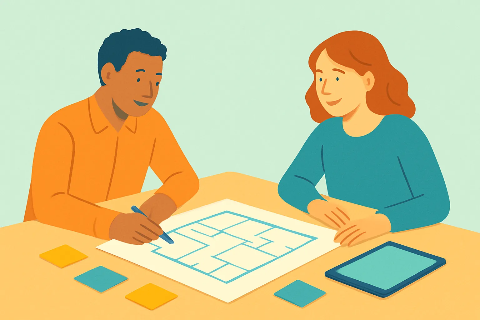Architect and client reviewing plans at table, soft blue background