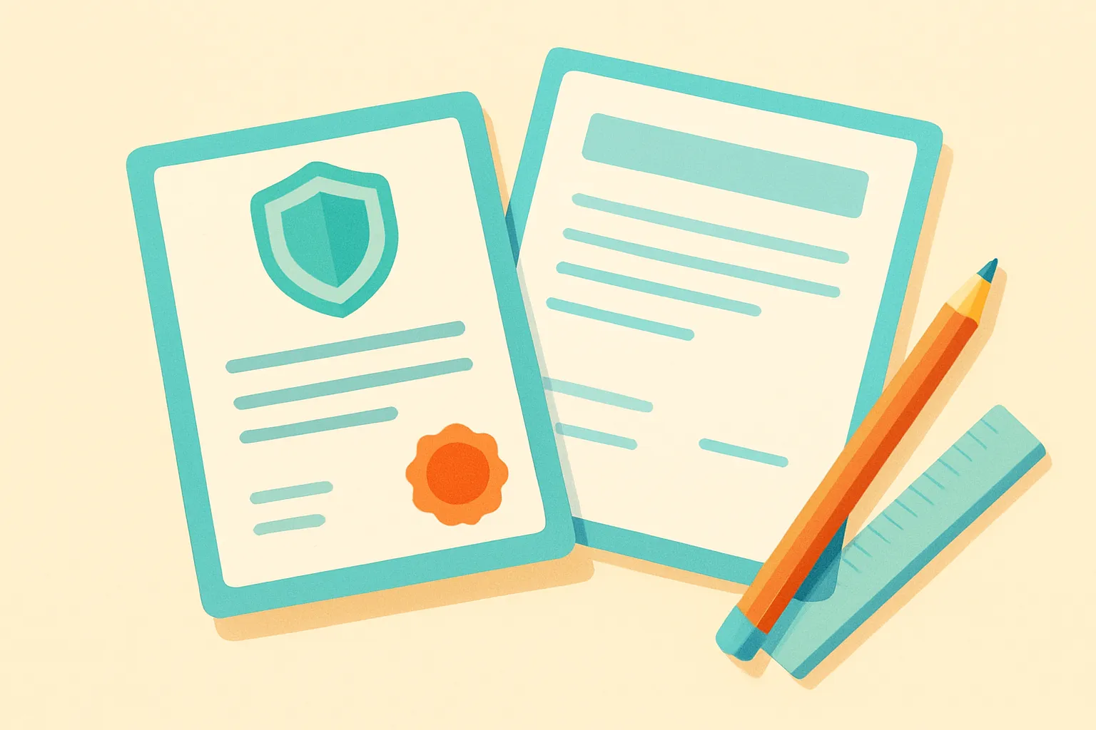 Certificate of insurance and policy documents beside drafting tools