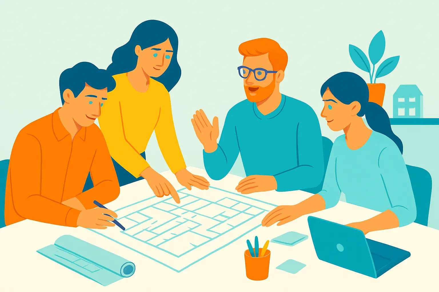 Small architecture team planning at a bright table