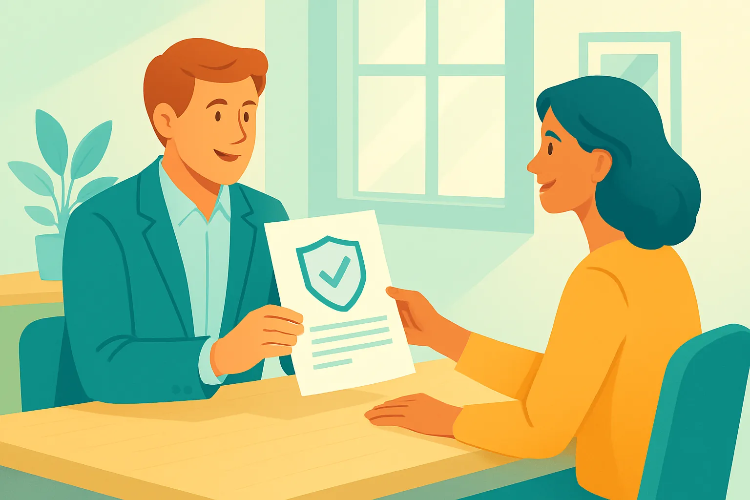 Consultant handing certificate of insurance to client on a bright desk