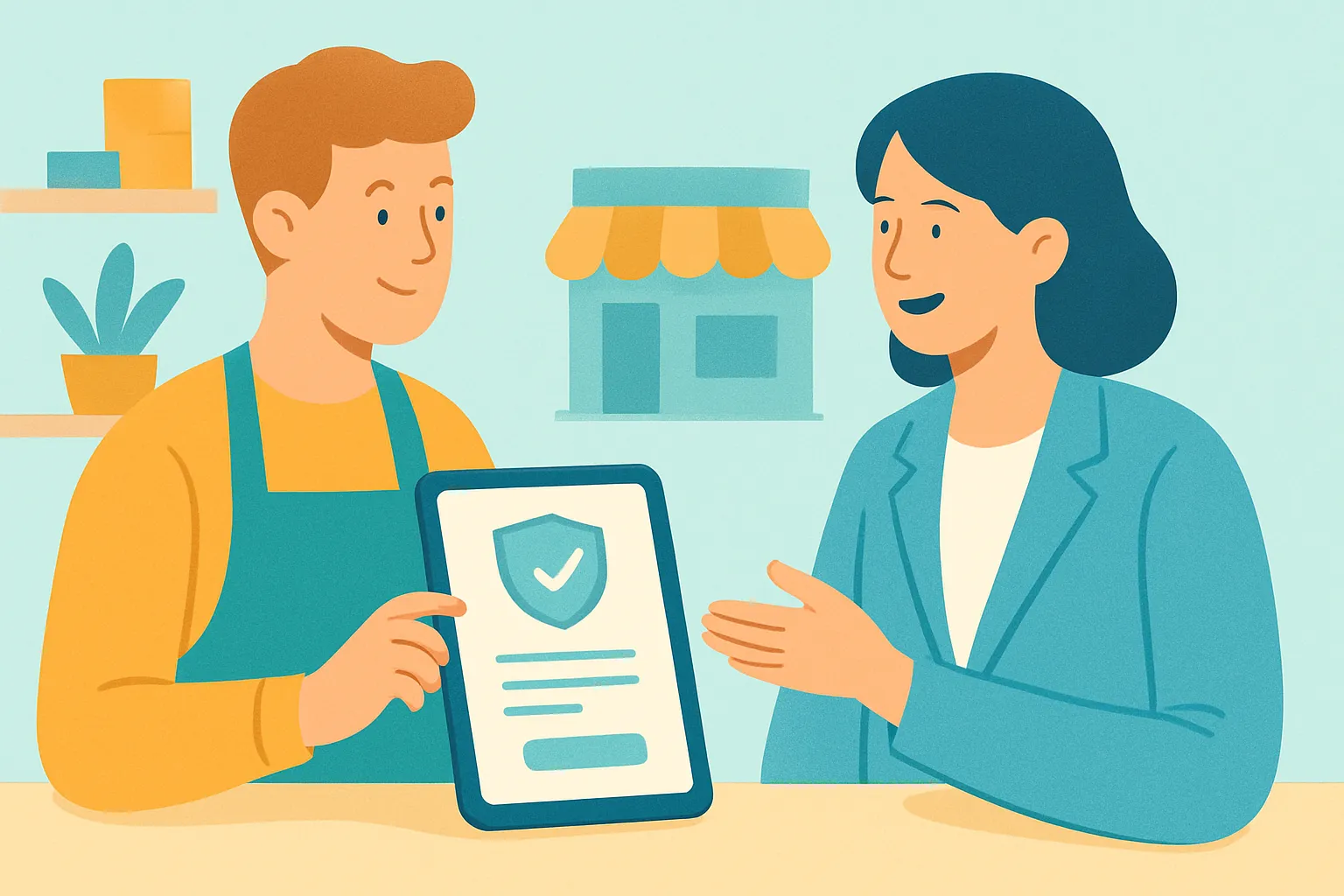 Small business owner viewing insurance certificate on tablet with agent nearby