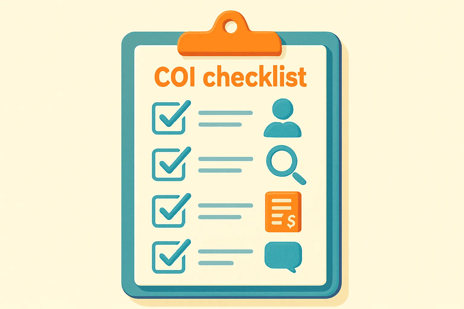 Clipboard with checklist icons representing COI requirements and endorsements