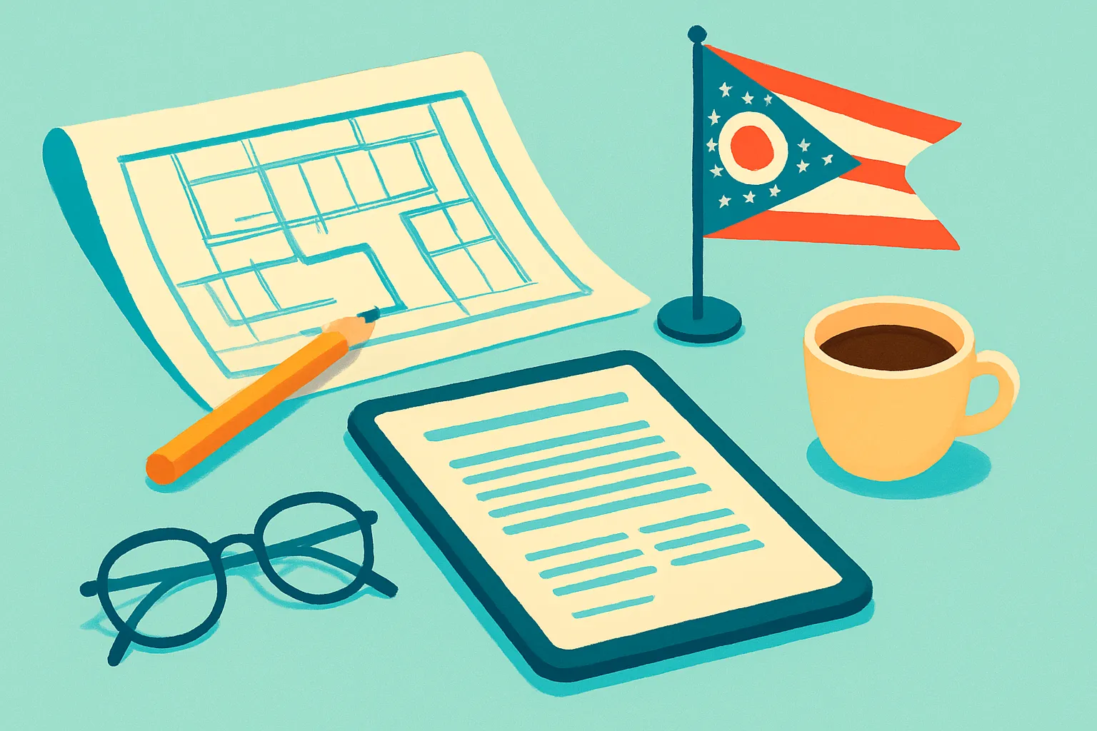 Consultant desk with blueprints and tablet, Ohio flag on light teal background.