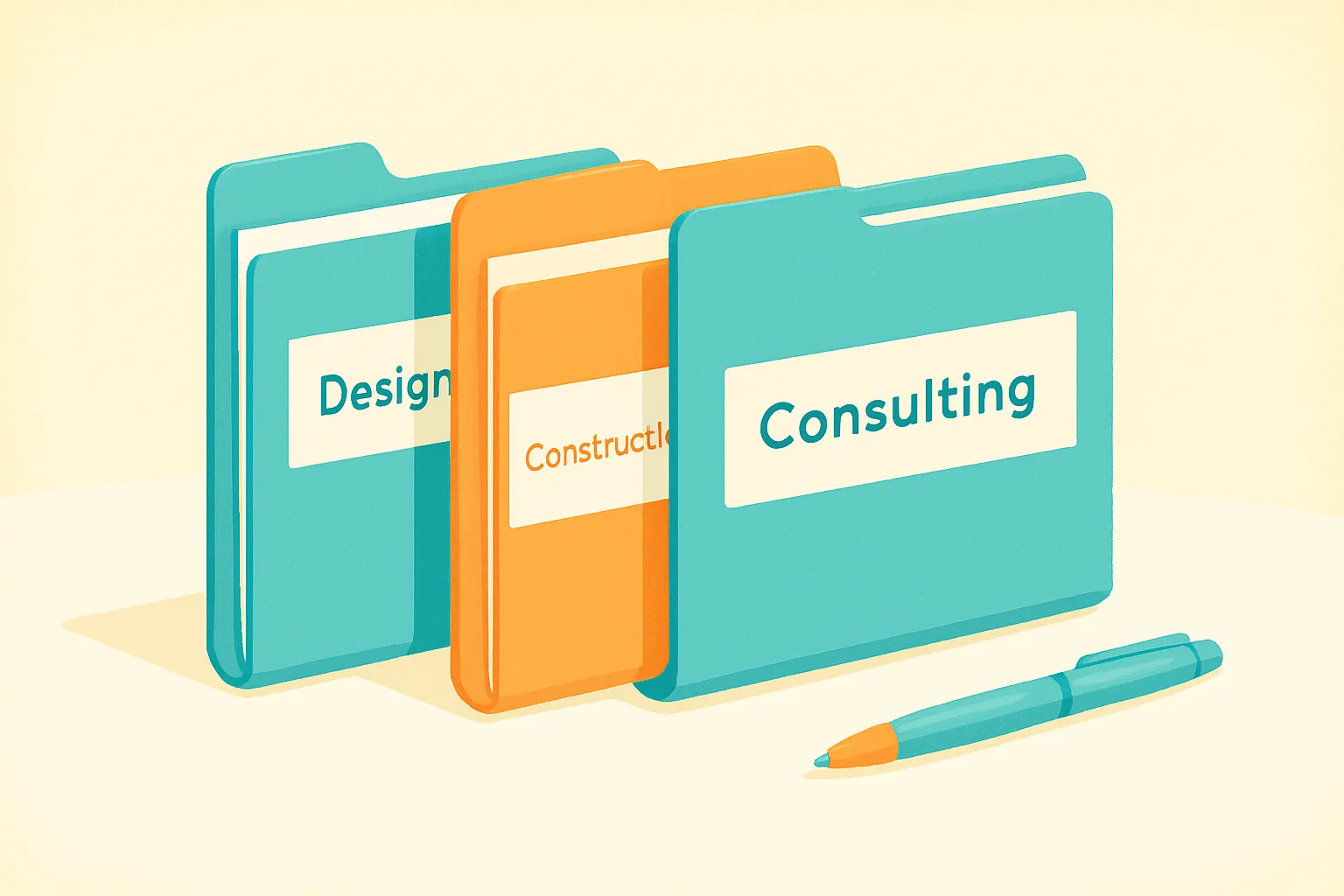 Three contract folders on white table (design, construction, consulting).