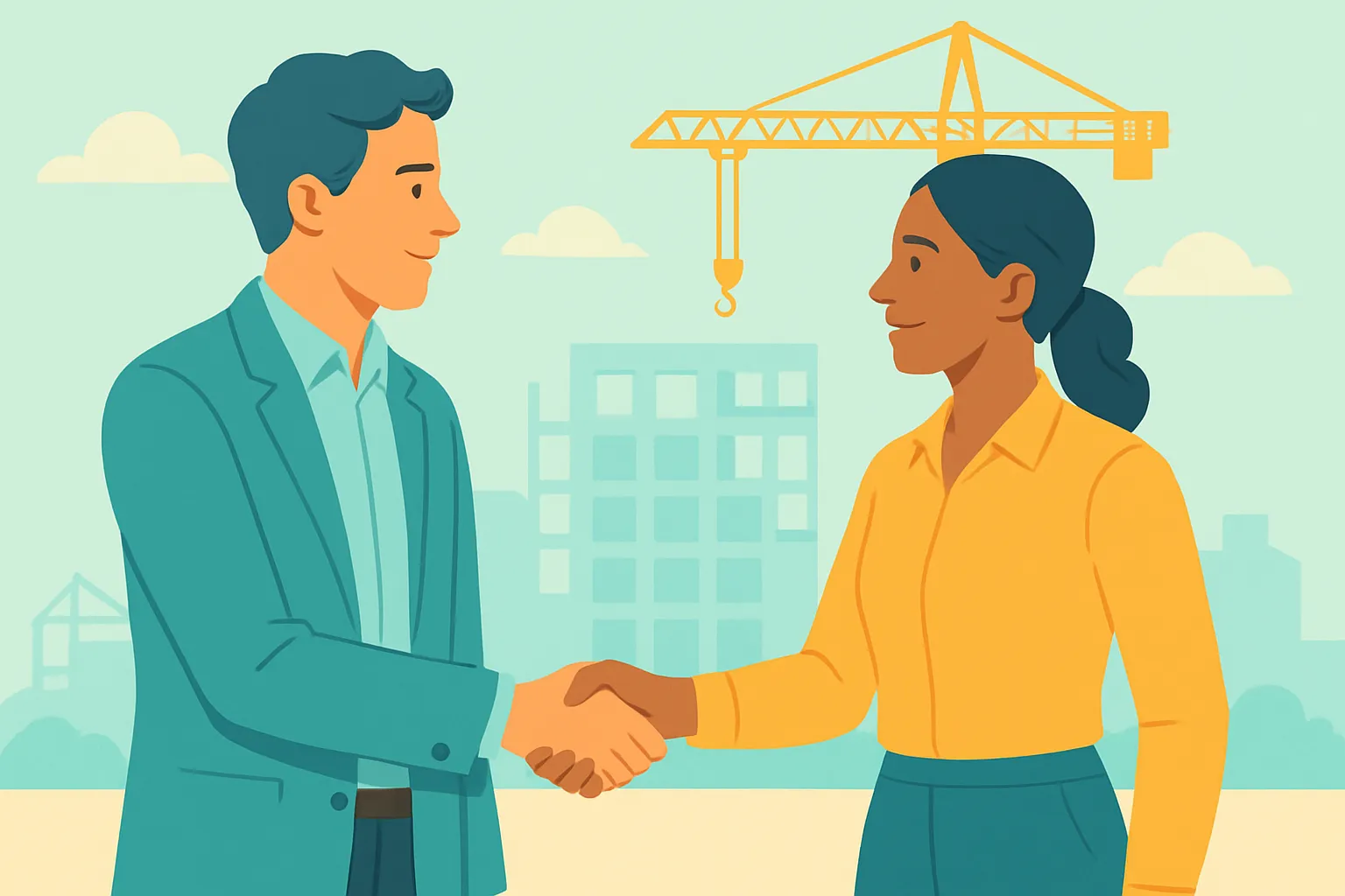 Handshake between professionals with construction site blurred behind.