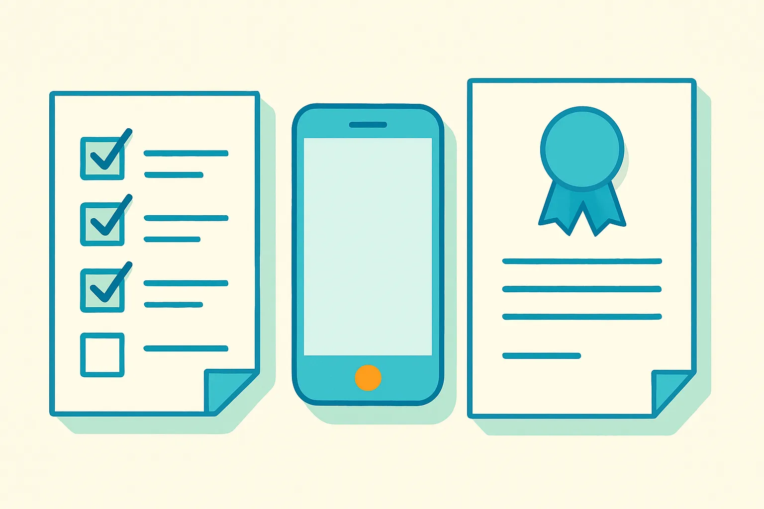 Checklist, phone, and bond-form icon flat-lay on light background.