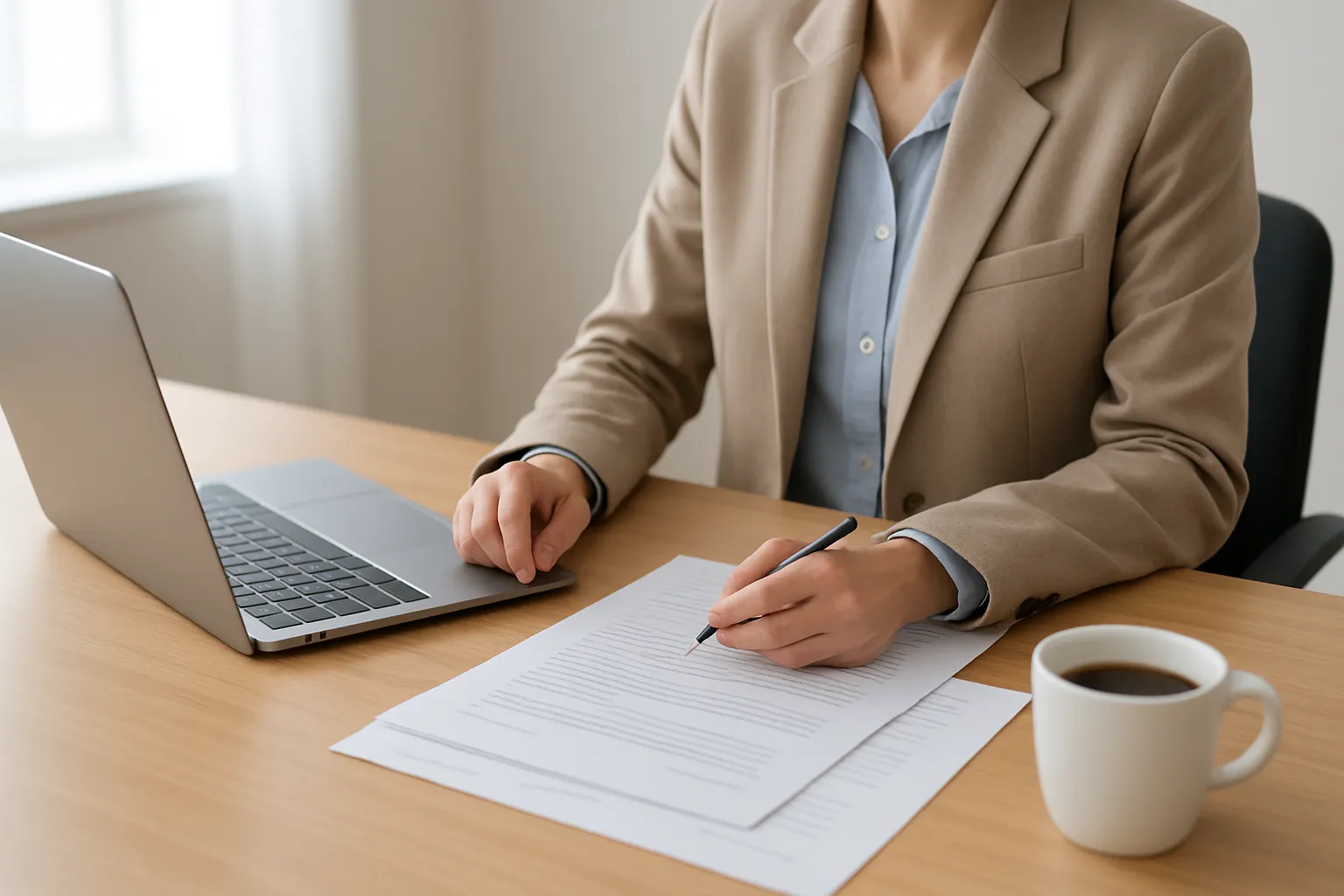 Solo consultant at desk with laptop and contracts
