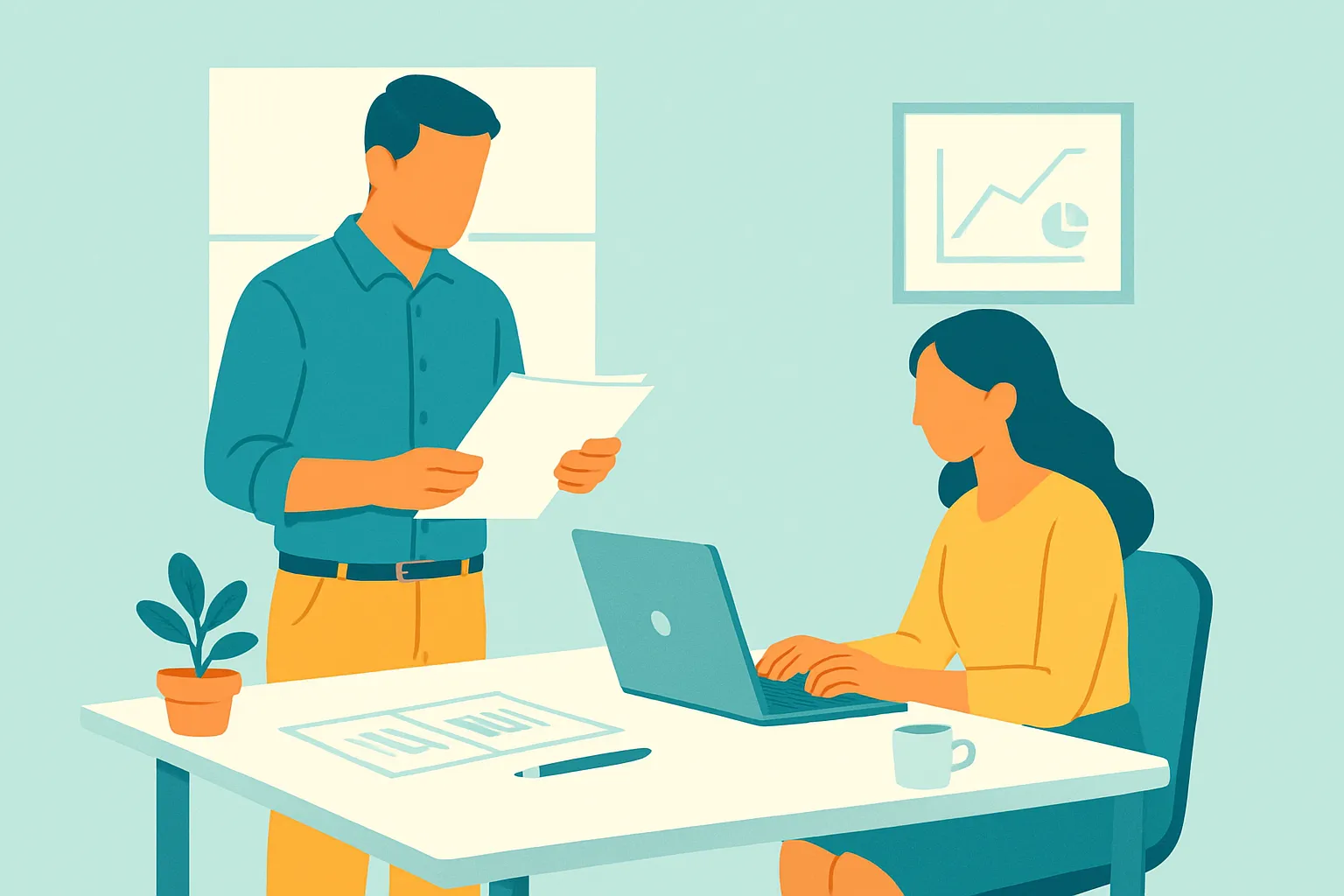 Consultant reviewing paperwork with assistant in light office