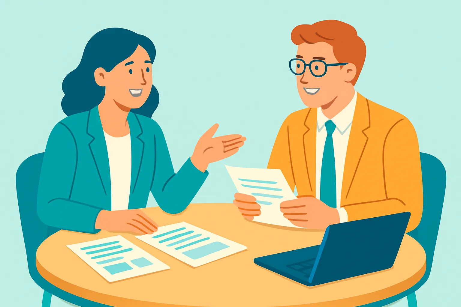 Consultant and agent discussing insurance options at a table