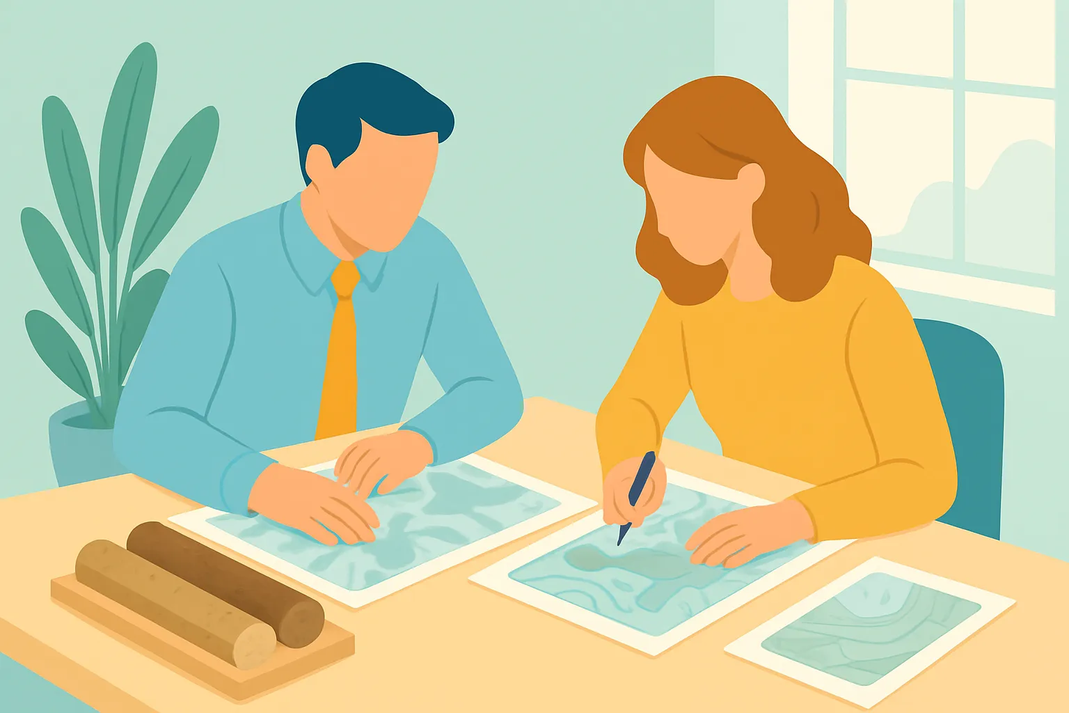 Two consultants reviewing soil core samples and maps on a bright desk