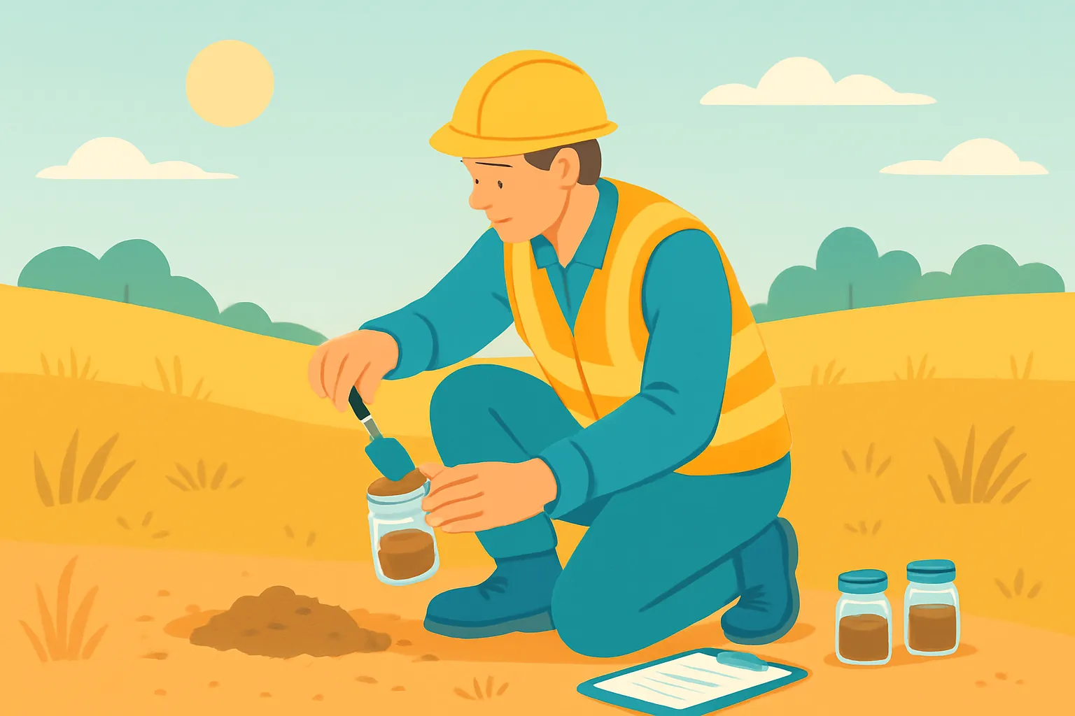 Consultant collecting soil samples in the field with clipboard and sample jars