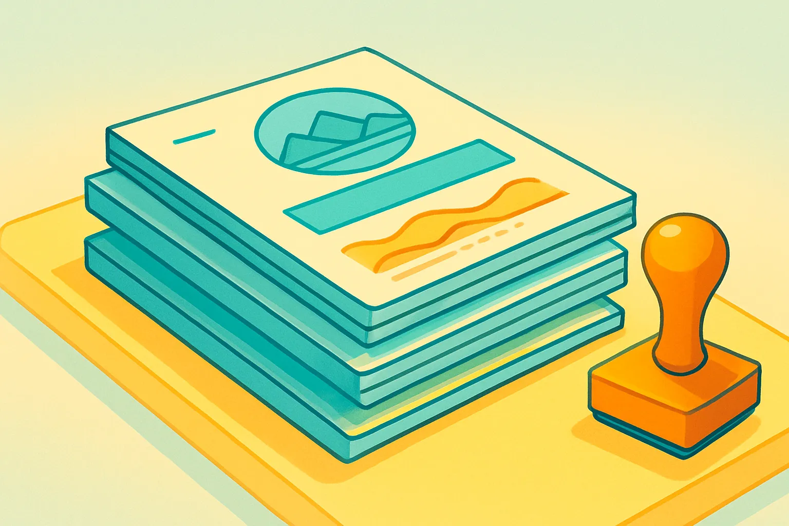 Stack of geologic reports with a stamp on a clean table