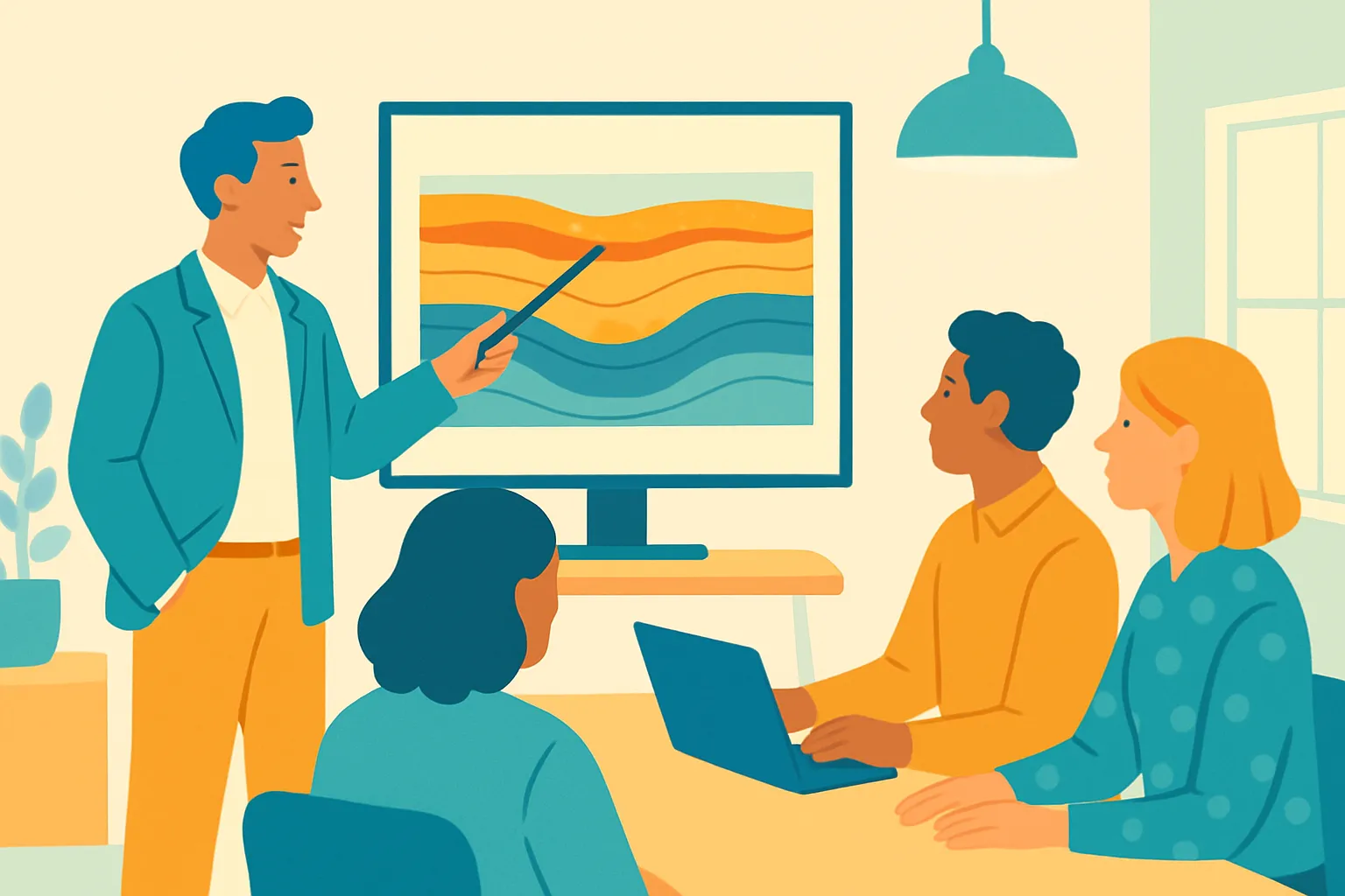 Consultant explaining a geologic cross-section to colleagues in a meeting room
