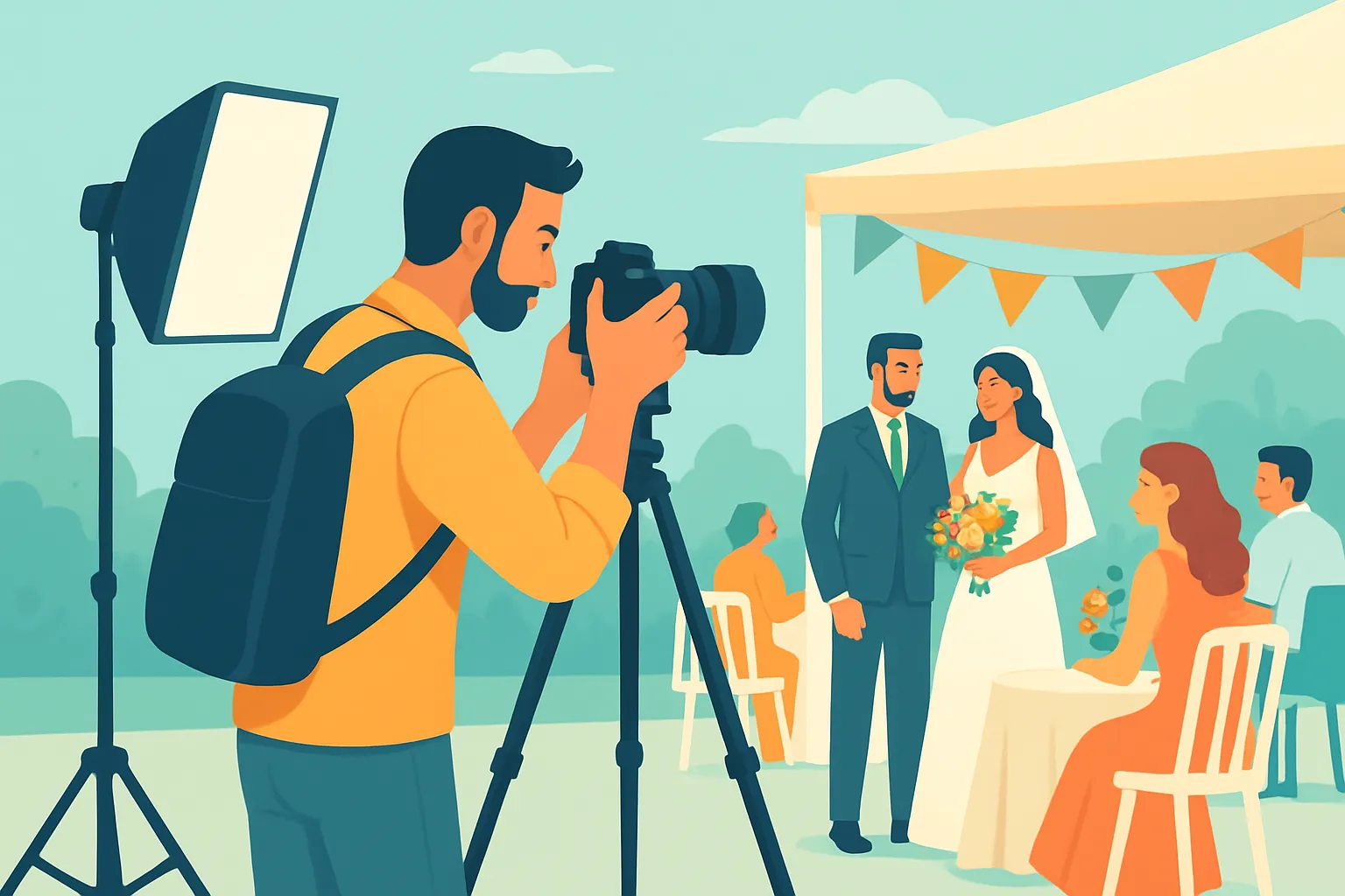 Photographer setting up gear at an outdoor wedding