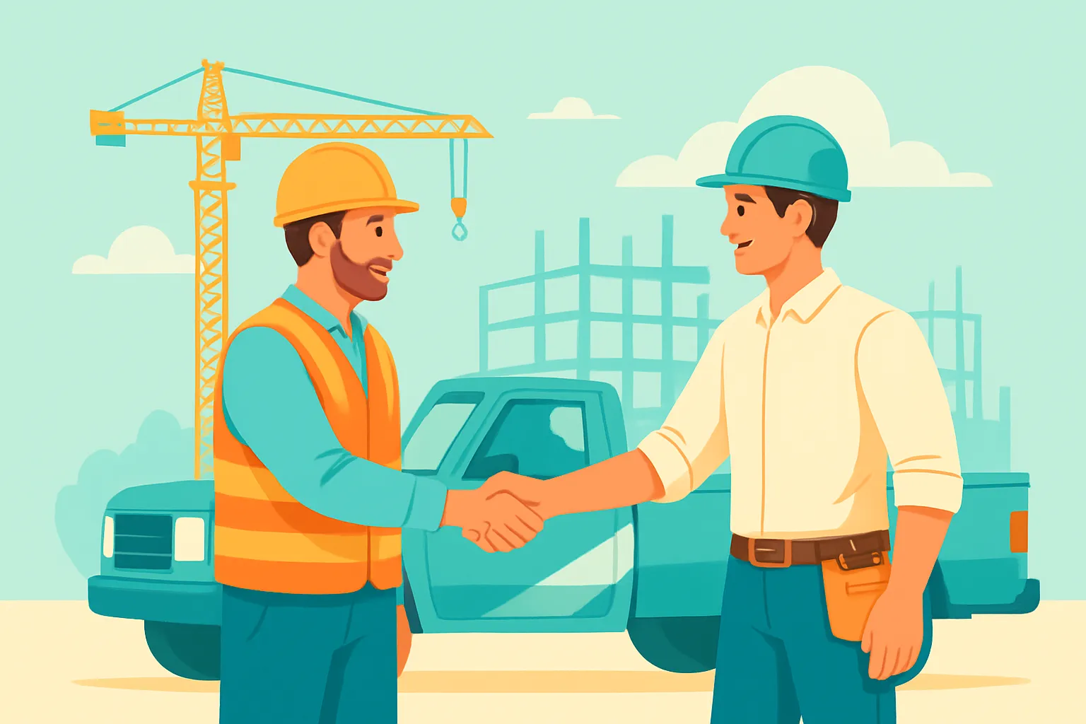 Contractor and subcontractor handshake at sunny jobsite