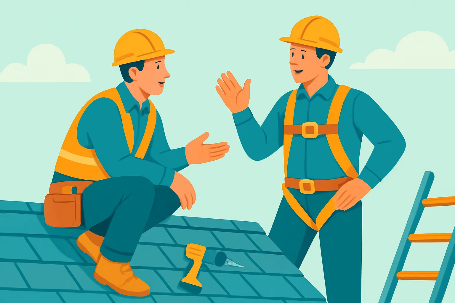 Roofing contractors in safety gear discussing work