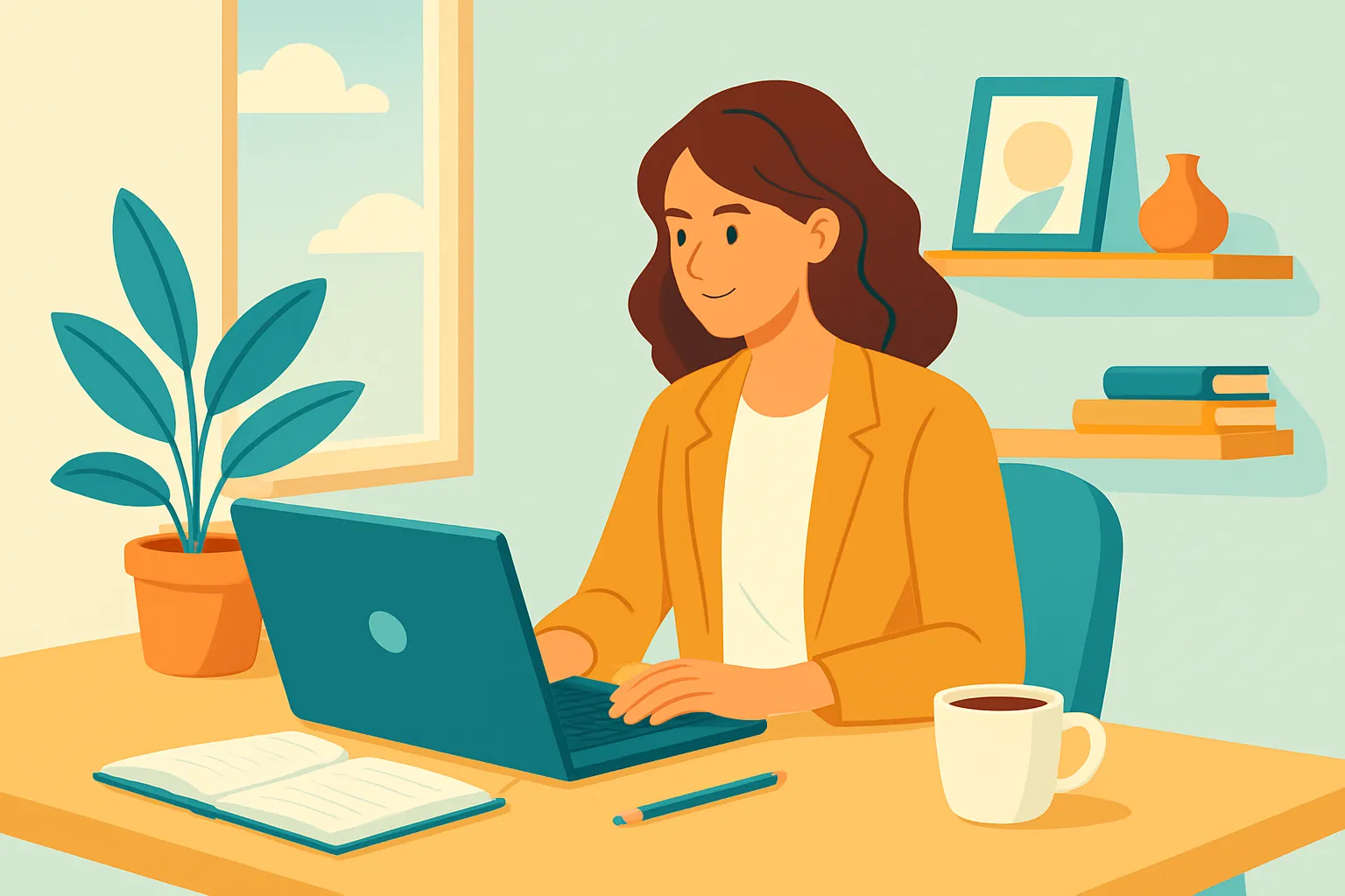 Consultant working at a home office desk with laptop and notebook.